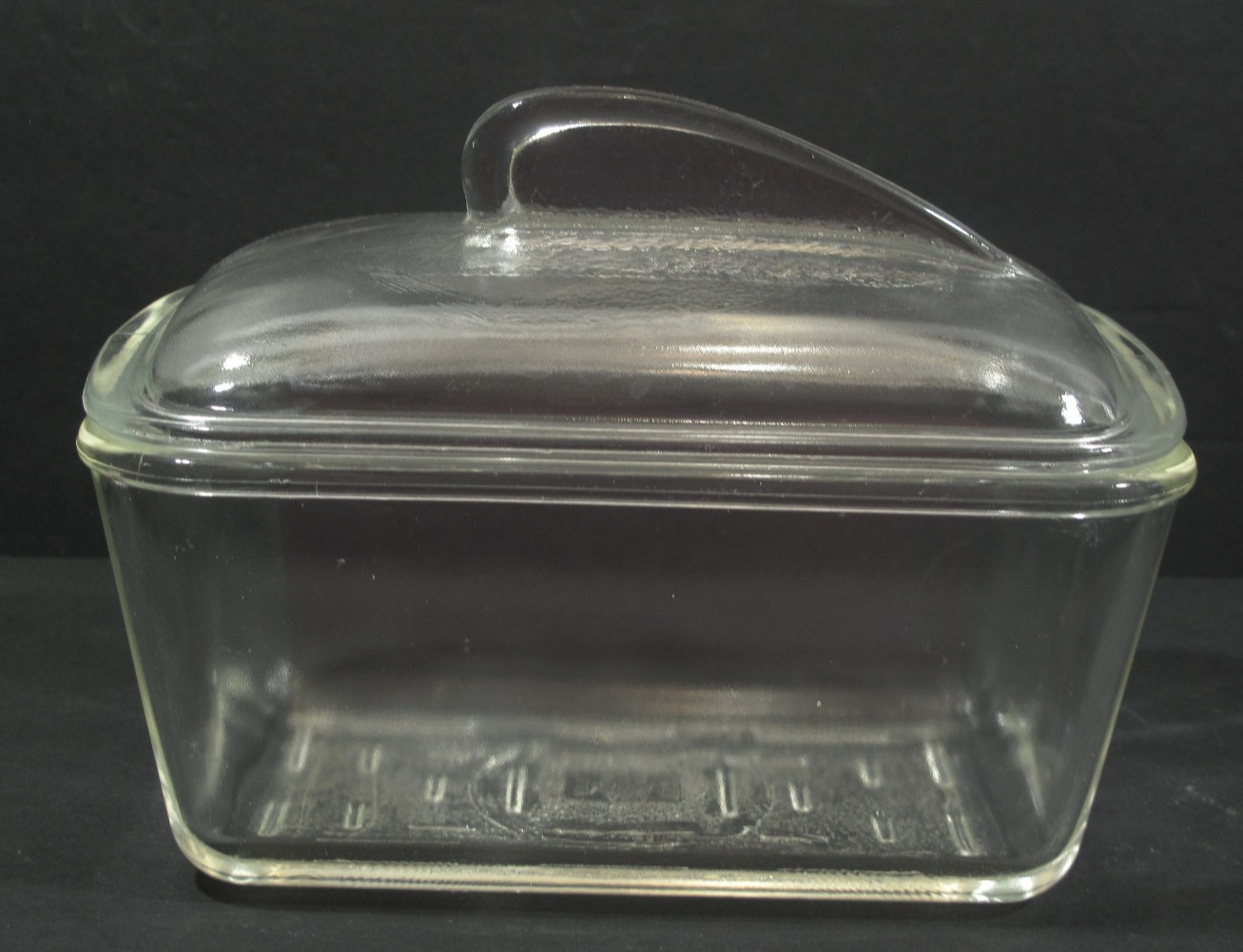 VTG Glasbake With Fin Lid~Clear Refrigerator Dish Made In USA 8 x 5 x 5.5 in