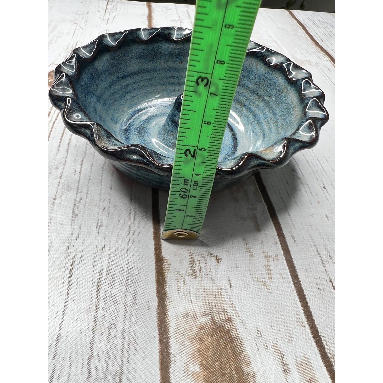 Handmade Clement Clayworks Studio Pottery Apple Baker Blue Scalloped 5in