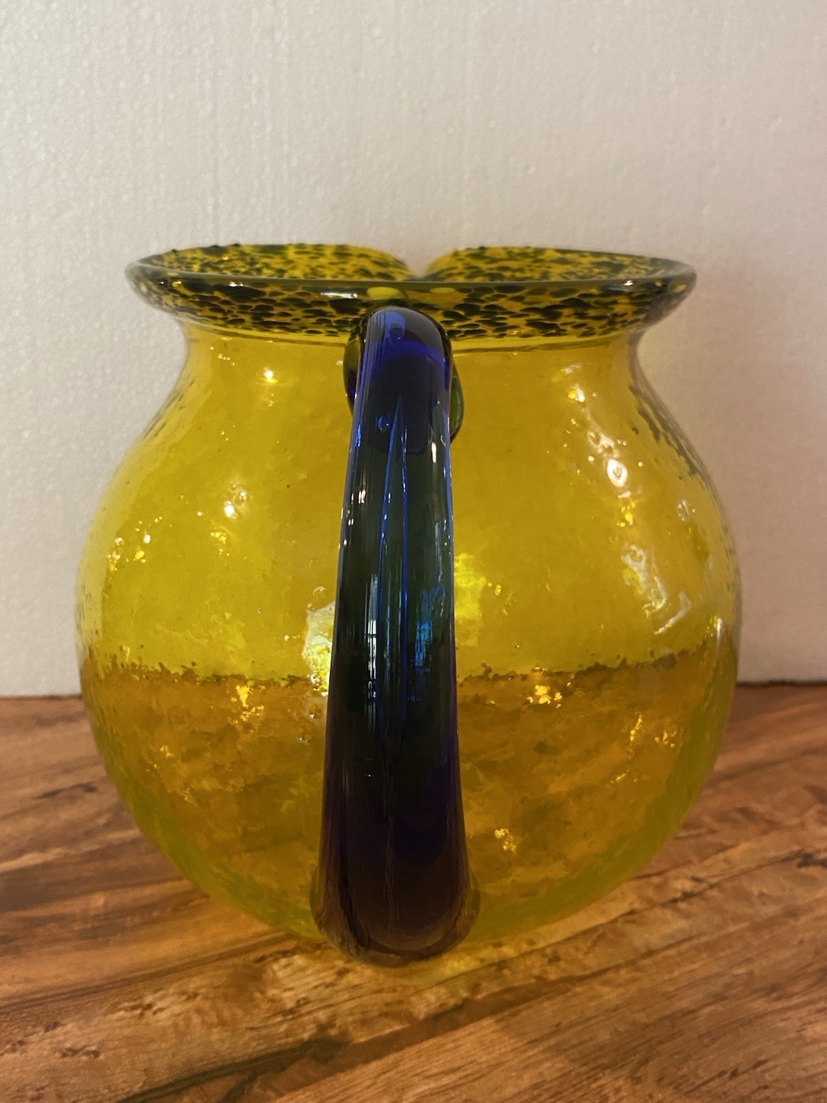 Hand Blown Yellow & Cobalt Blue Glass Pitcher