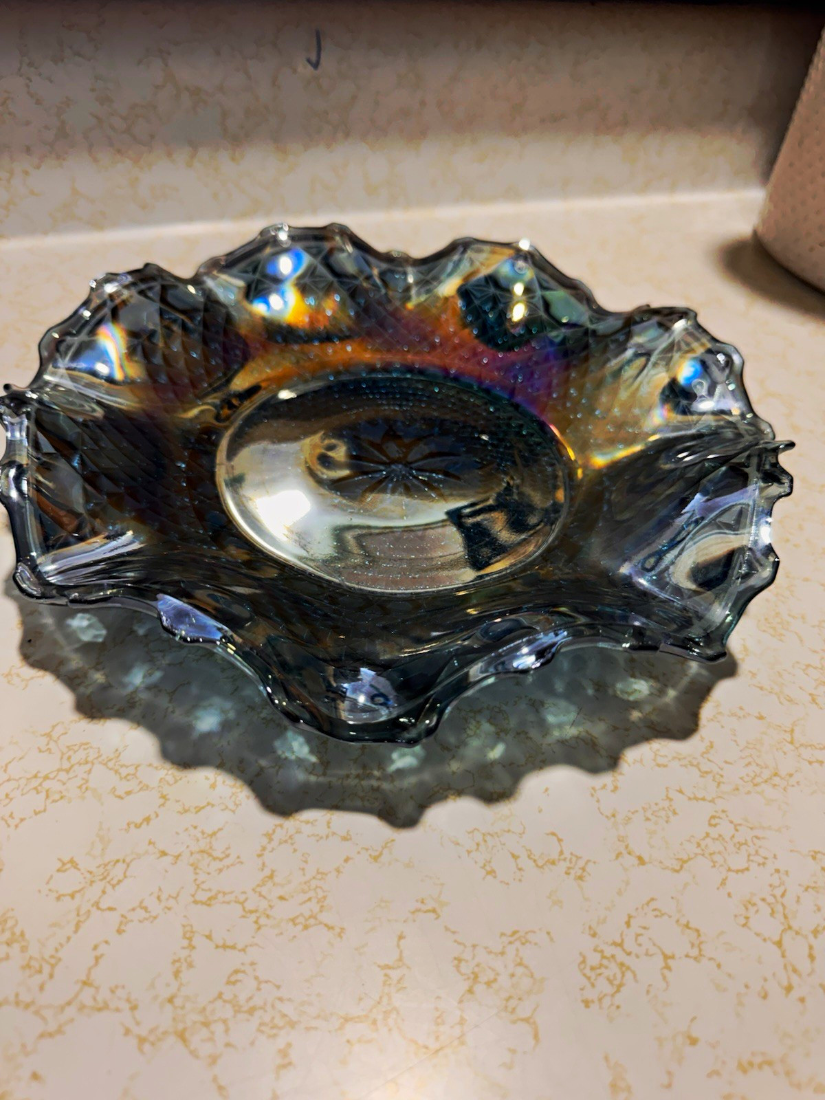 Vintage Indiana Glass Princess Blue Carnival Glass Ruffled Bowl Diamond Point 10