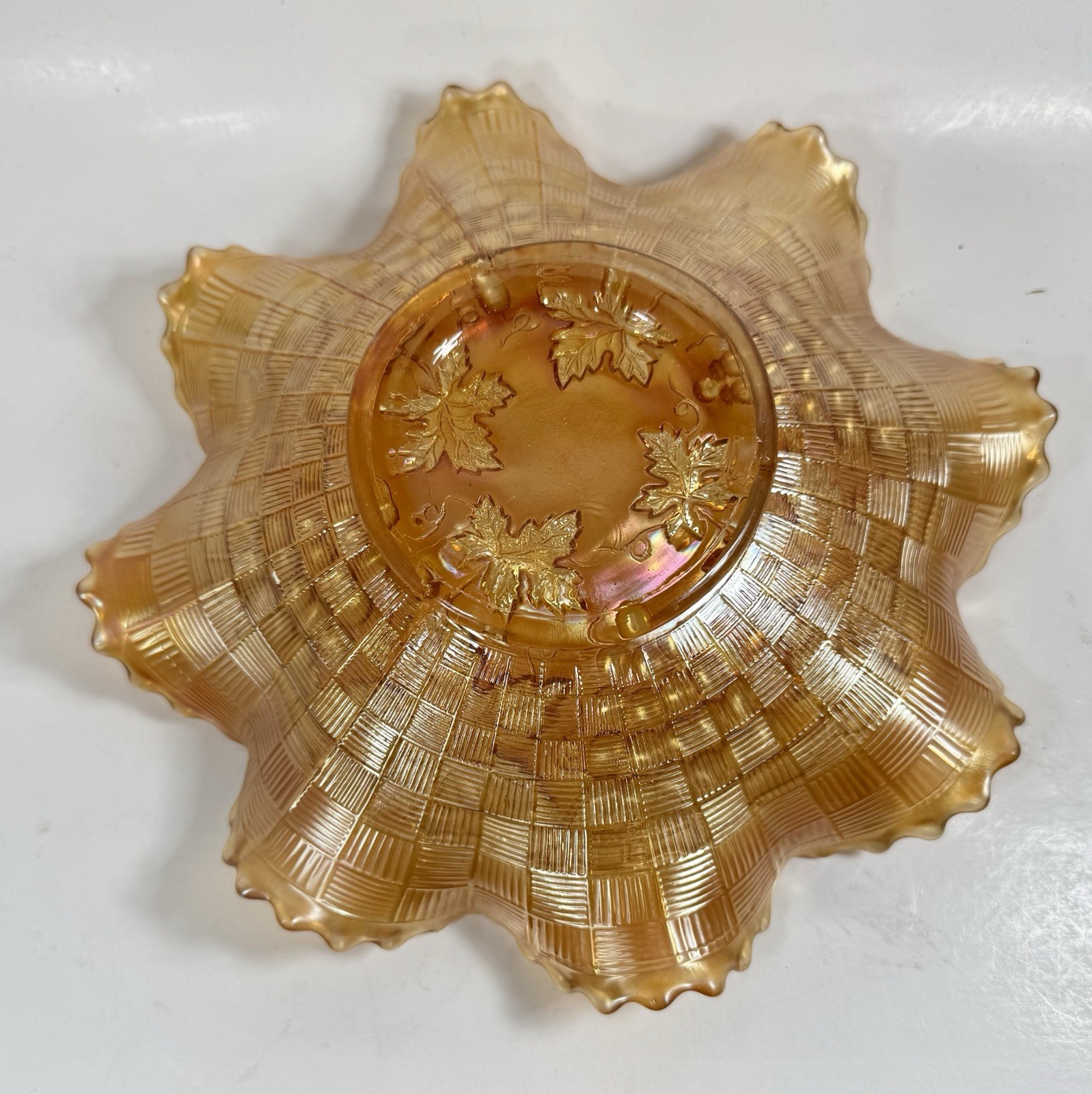 Northwood Bowl Carnival Glass Marigold Grape & Cable Ruffled Vintage 8.5”