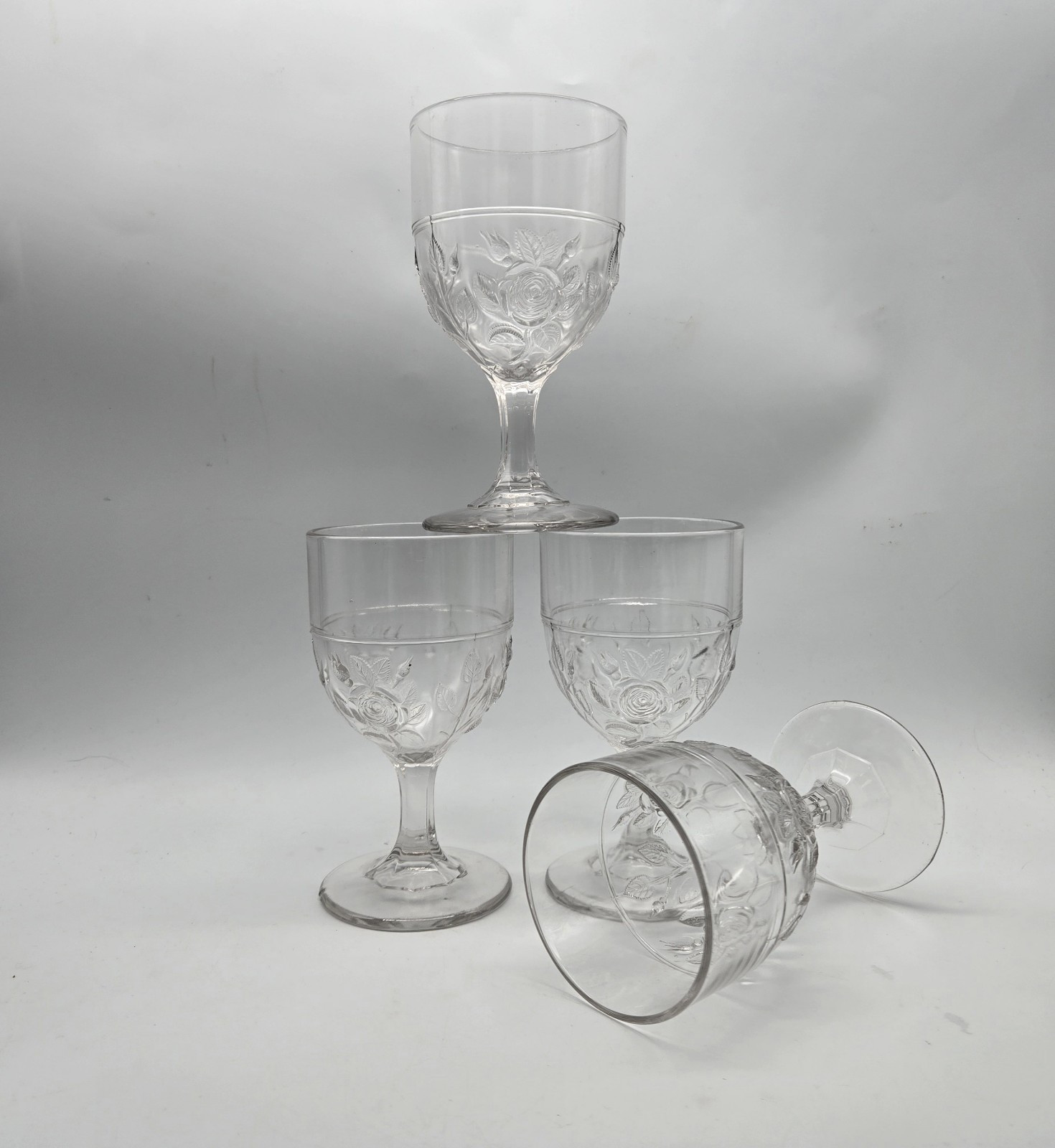 1870s Open Rose AKA Moss by Unknown Clear Glass Goblet Vtg Antique Set Of 4