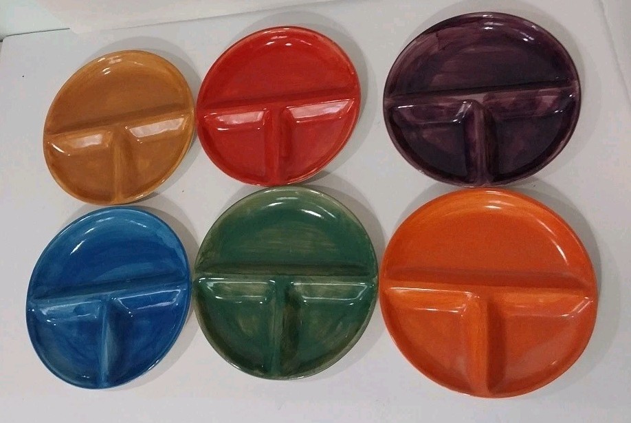 Vintage 6 Plates Ceramic Kitchen Prep Or Childrens 7 5/8″ Divided Pottery Plates