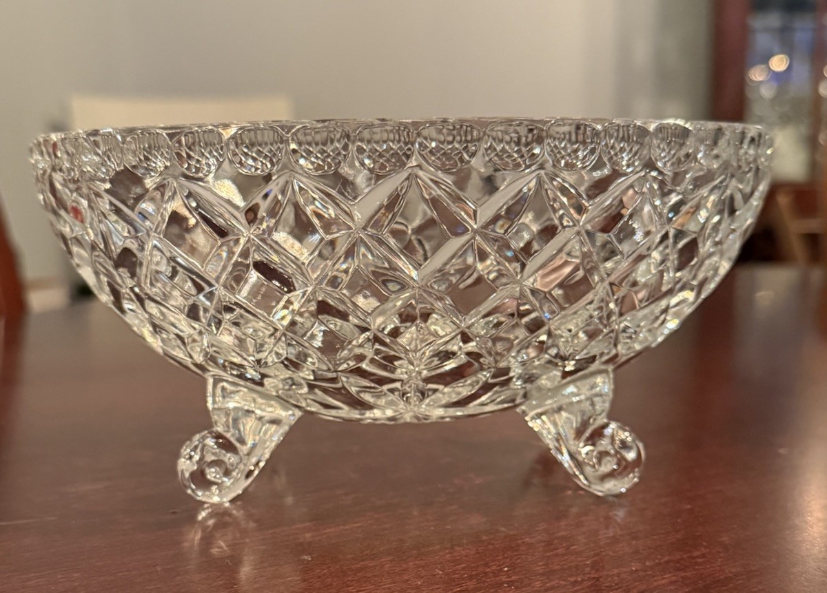 Vintage American Brilliant Period Oval Cut Glass 4 Footed Bowl
