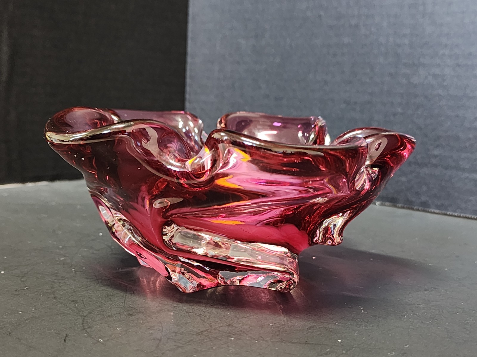 Bohemian Glass Bowl Pinched Side Purple Orange Swirled Bottom