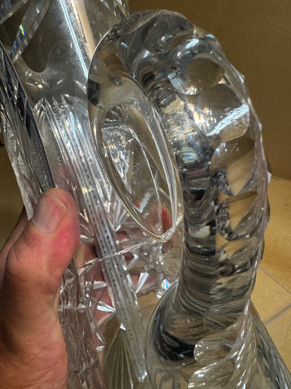 Vintage rare American Brilliant Cut Crystal Sawtooth Edge Pitcher Shabby Vase