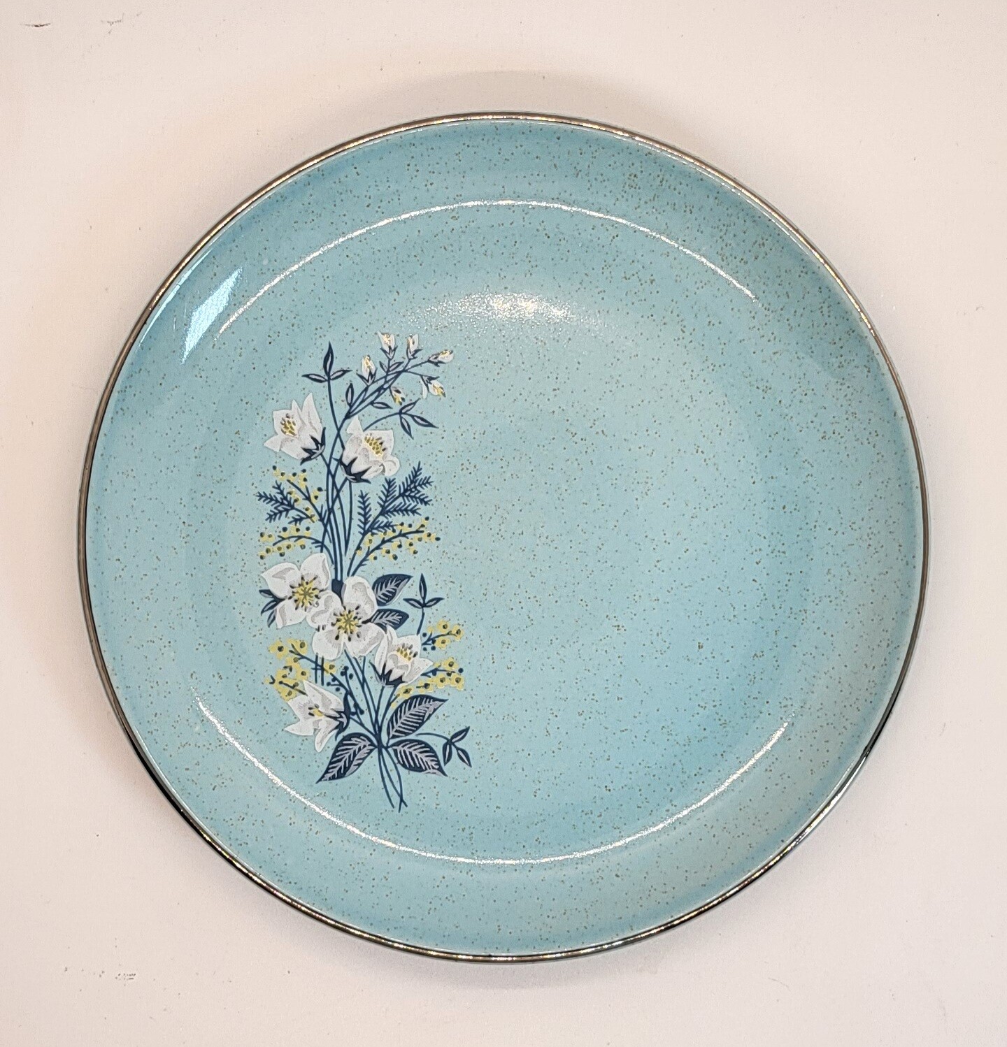 Vintage MCM Salad Bread Plate Lt. Speckled Blue Floral Silver Rim 6.5″ Gorgeous