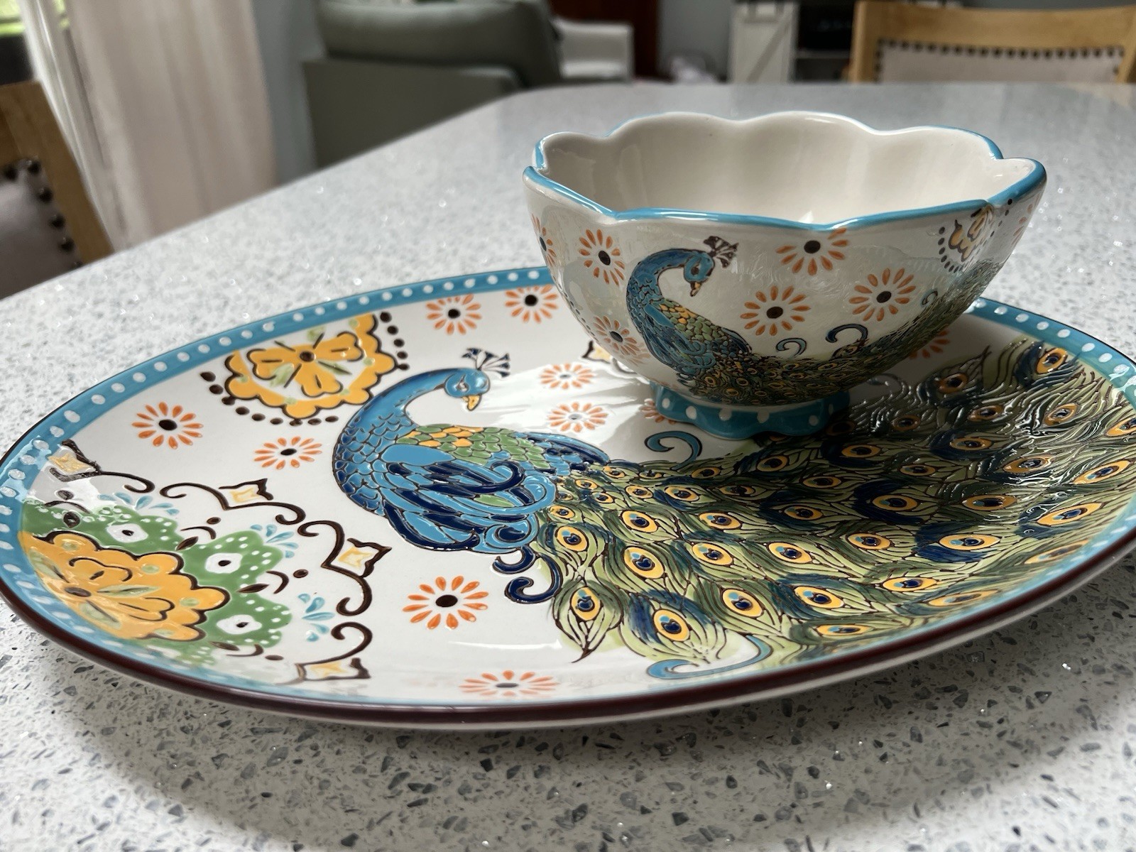 Artistic Accents Peacock Ceramic Oval Platter w/ Scalloped Bowl