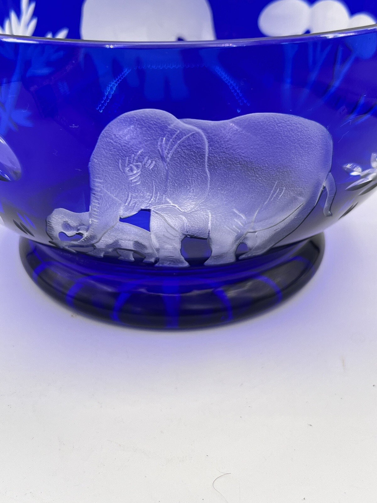 Bohemian Czech Cobalt Blue Cut to Clear Etched Elephants Glass Bowl Cameo Style
