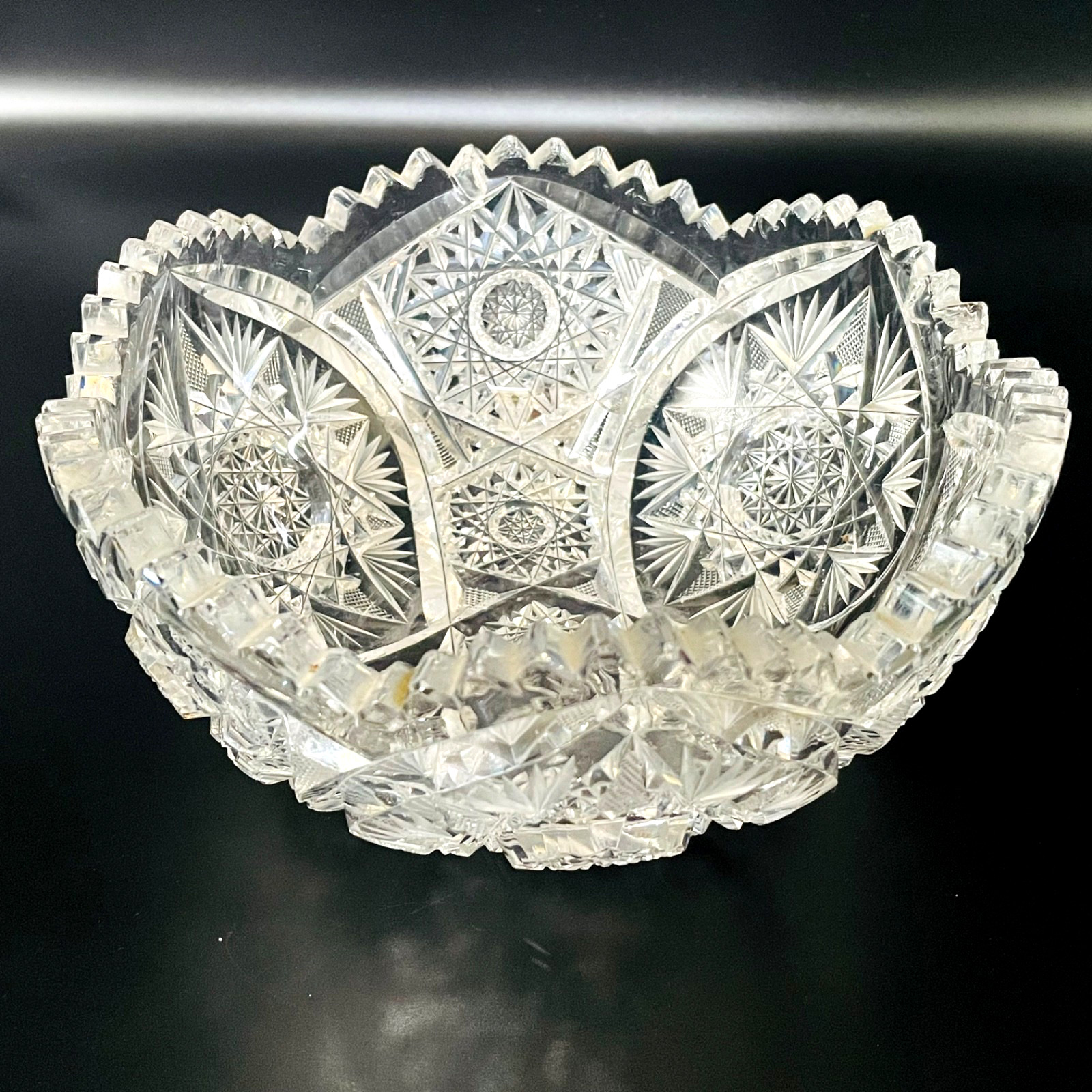 American Brilliant Cut Antique Sawtooth Scalloped Edge Lead Glass Star Bowl 8”