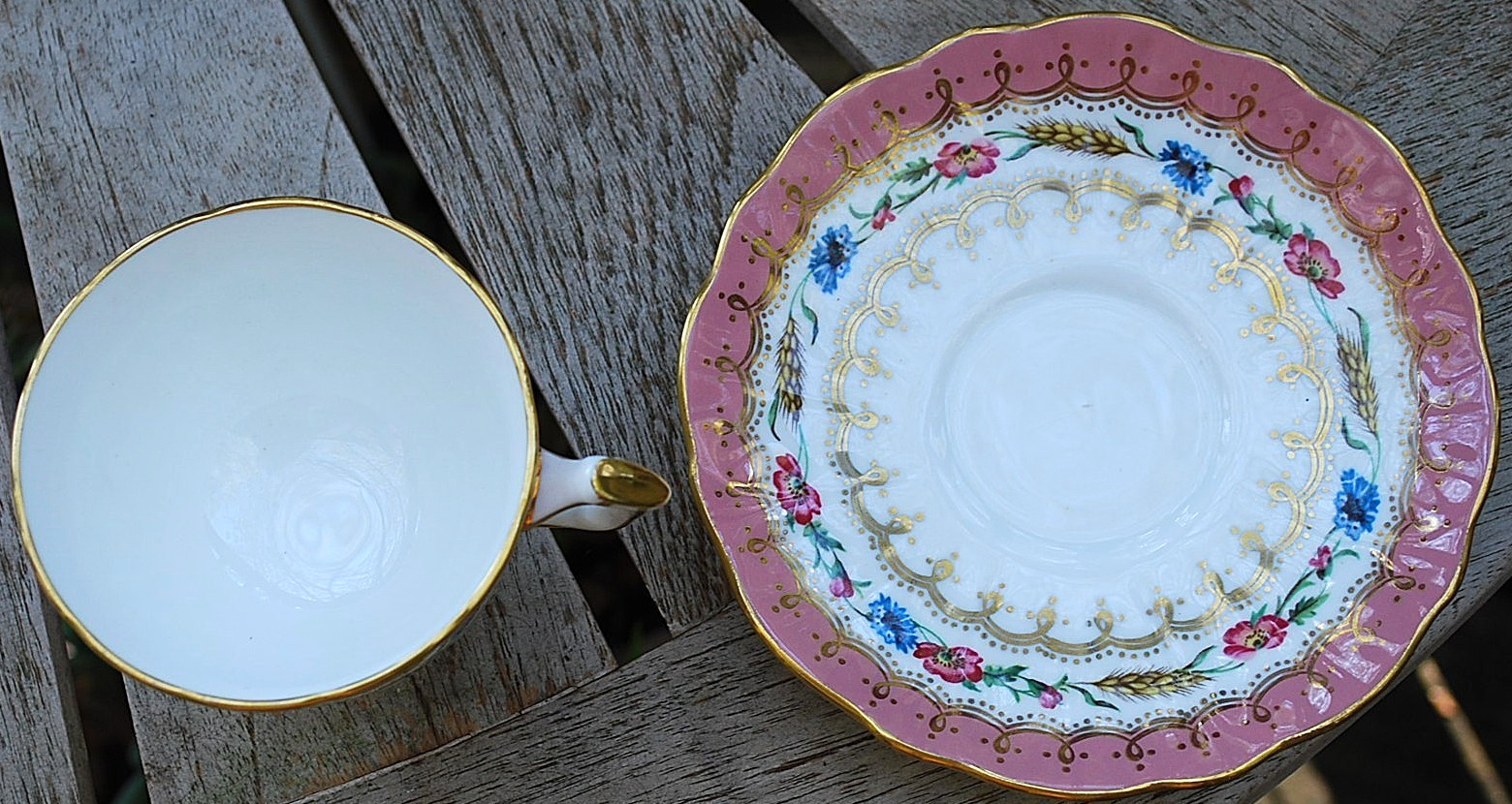 Vtg AYNSLEY ENGLAND Footed Teacup & Saucer HARVEST WHEAT/PINK FLORAL Bone China