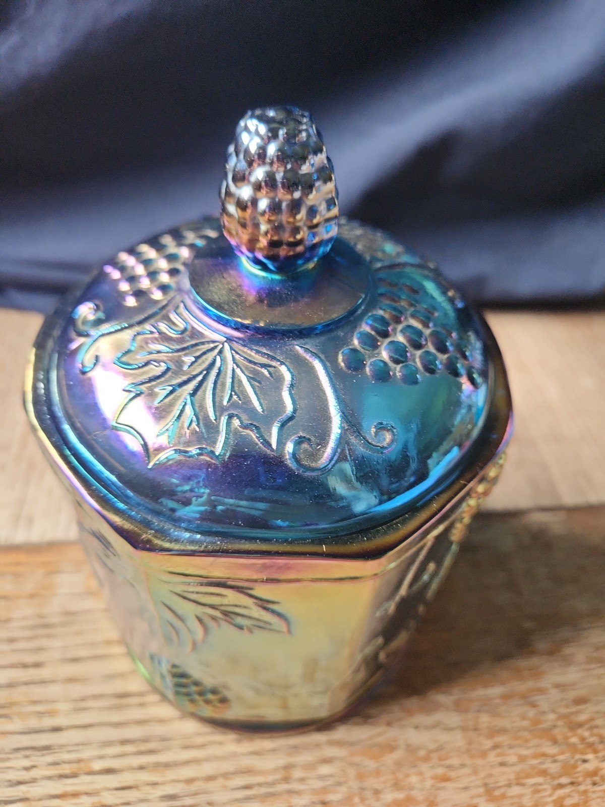Indiana Blue Grape Harvest Carnival Glass Candy Dish Canister Iridescent W/lid