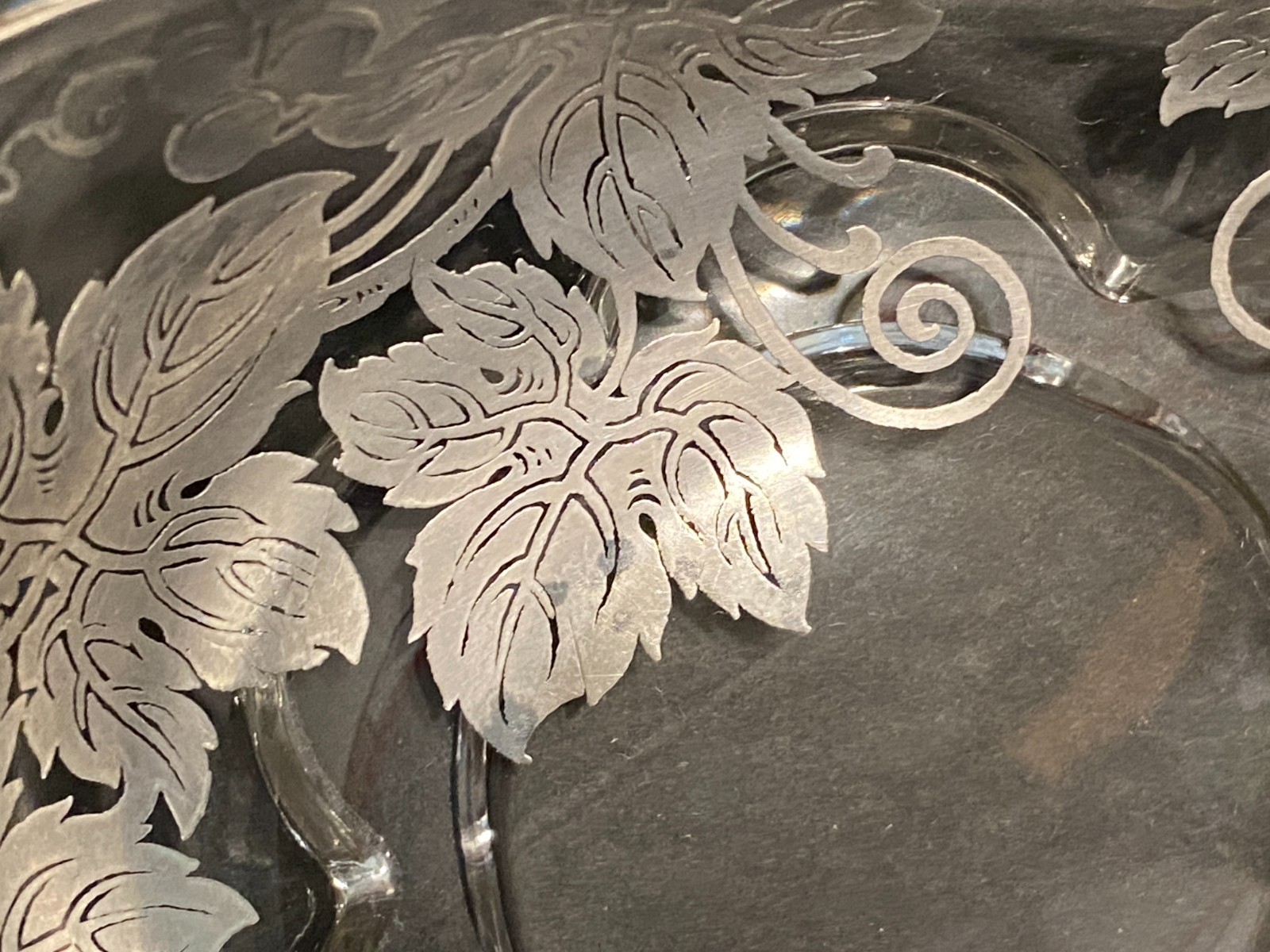Vintage Silver Overlay Glass Candy Nut Dish Grape Vines Leaves Grapes