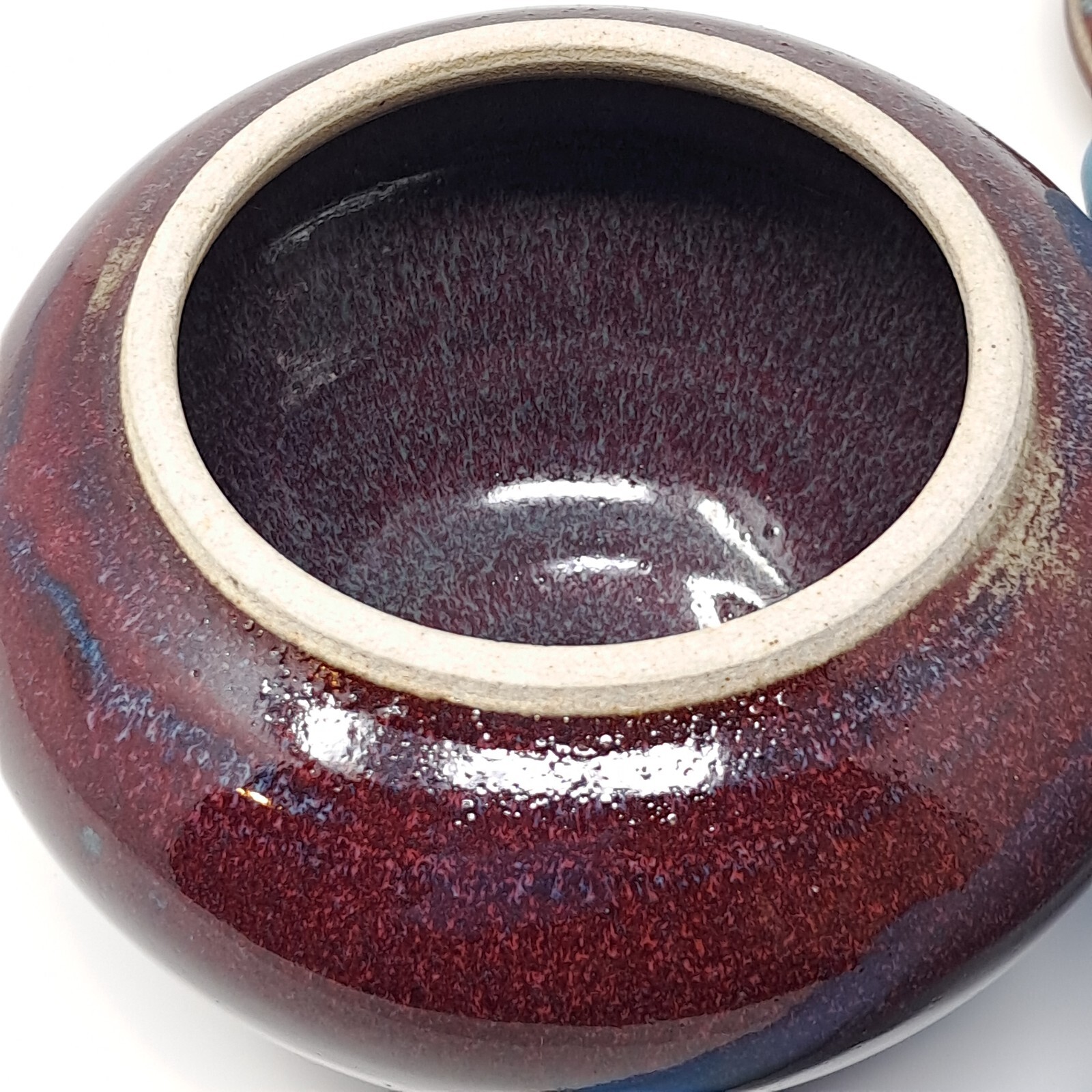 Stoneware Pottery Jar w/ Lid onion shape Deep Red w/ Blue signed