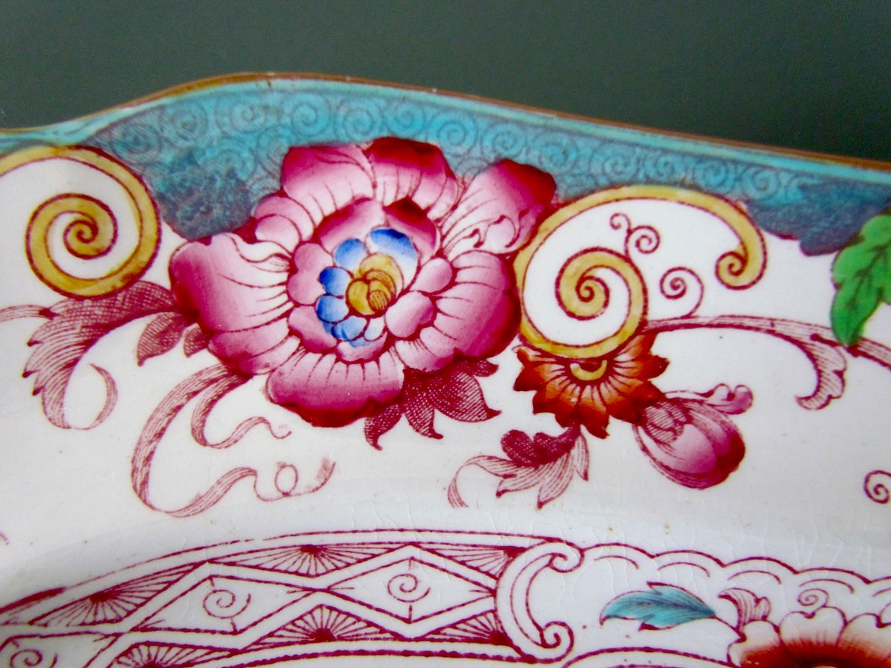 Antique Cauldon Large Platter Bentinck Turquoise Floral Transferware England