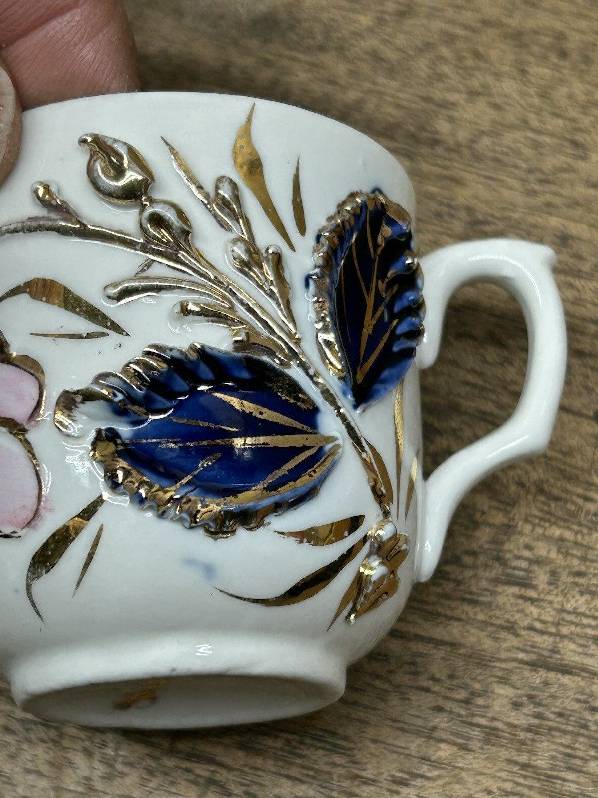 Antique Germany cobalt blue white gold rust Demitasse Cup applied Flowers Leaves