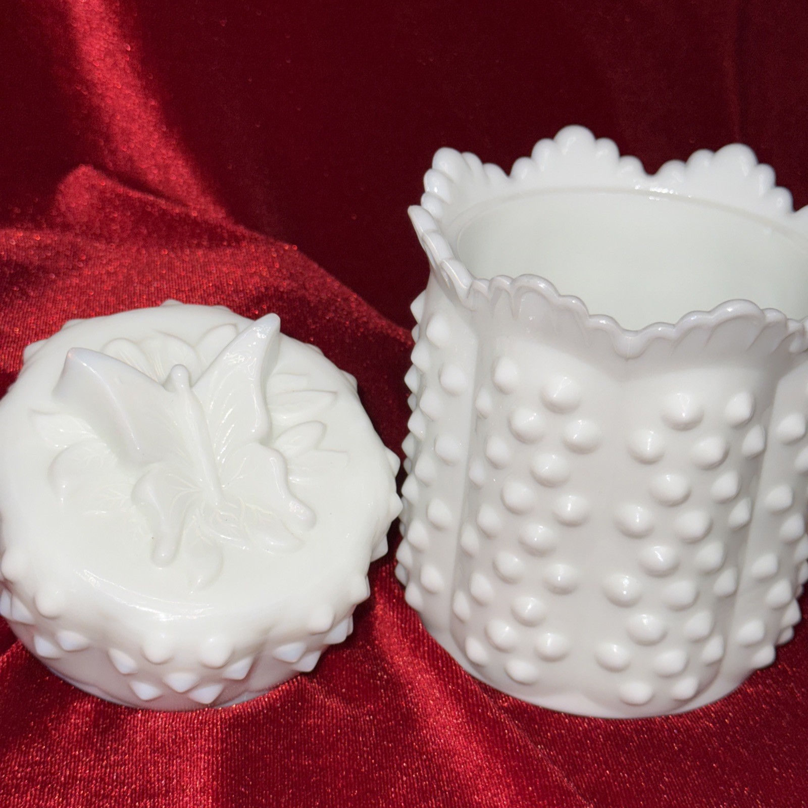 Vintage 6” Fenton 1970s Milk Glass Hobnail Jar Butterfly Lid Scalloped Edge