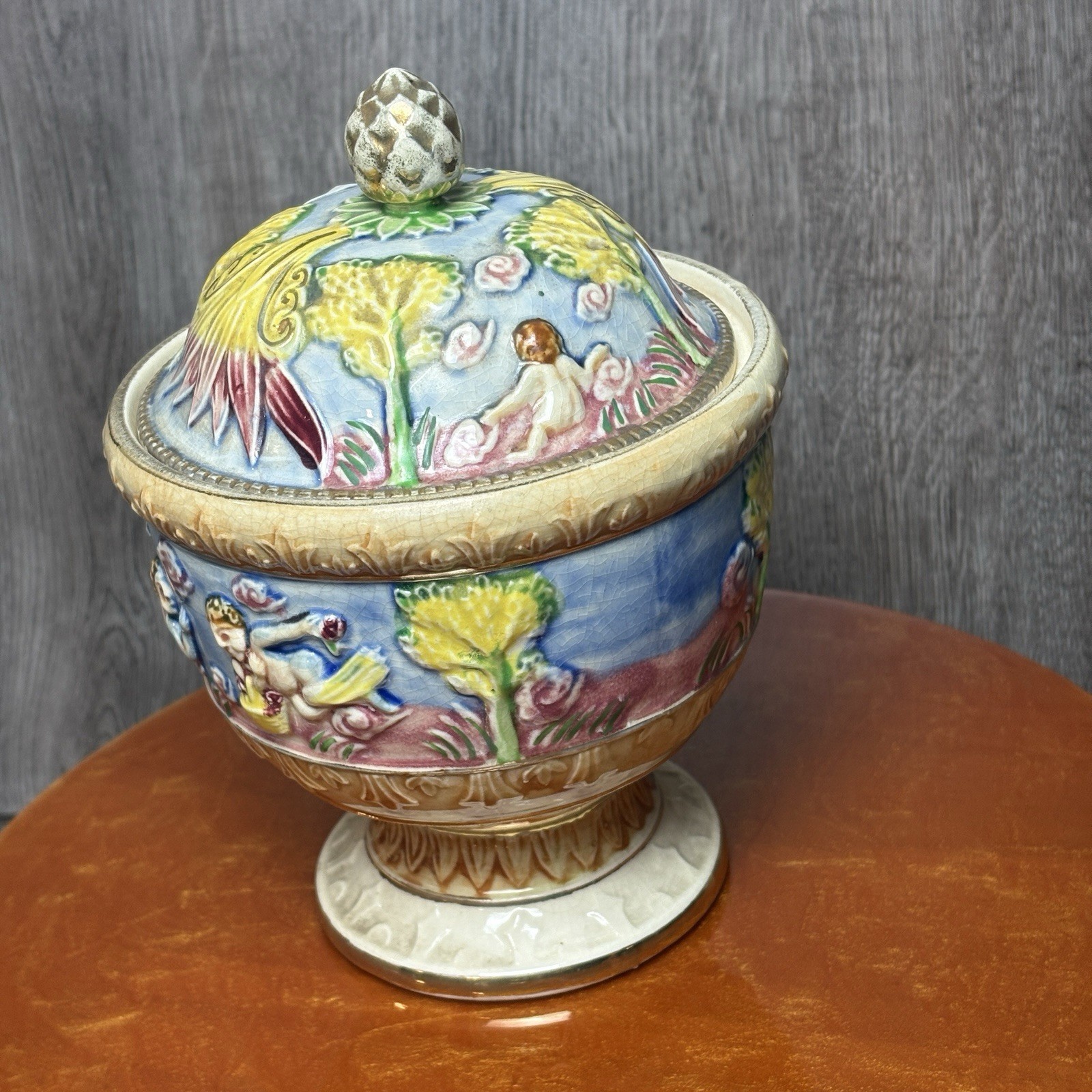 Vtg Japan Lidded Candy Dish Capodimonte Style Pedestal Angels Cerubs Crazing