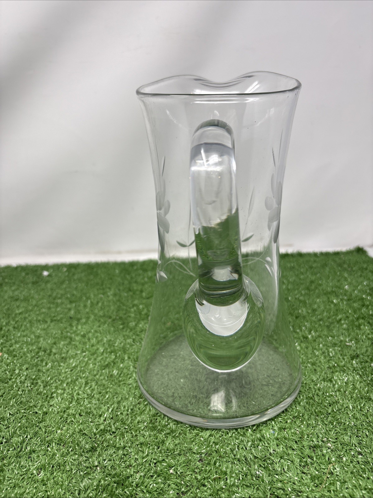 Vintage Crystal Glass Pitcher With Etched Flowers 9in Tall Thick Handle