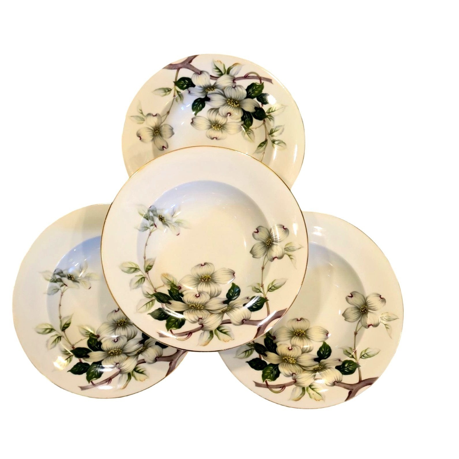Vintage Dogwood floral Rimmed Soup Bowls Livonia Meito made in Occupied Japan x4