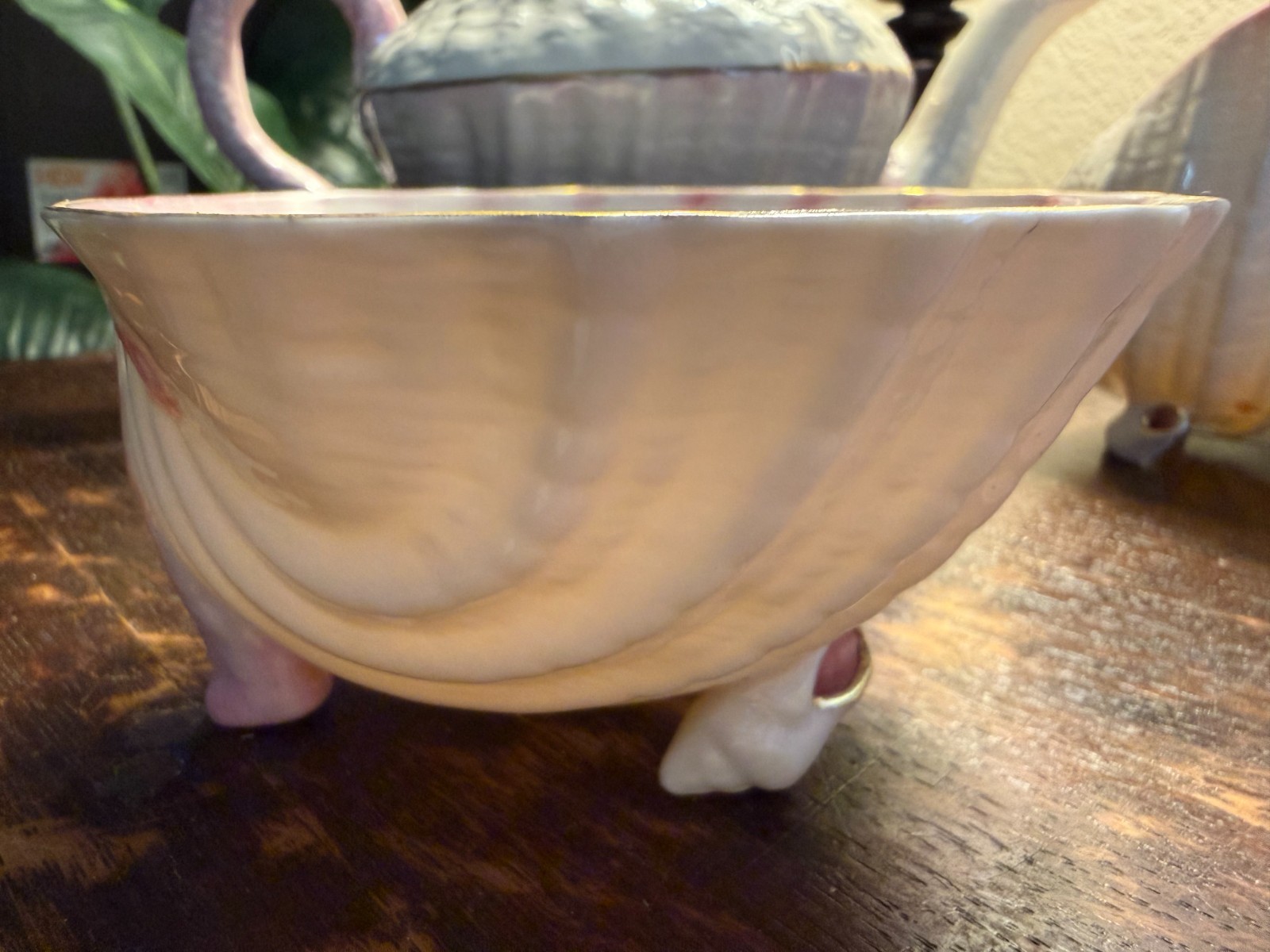 BELLEEK PINK NEPTUNE SEA SHELLS TEAPOT, SUGAR BOWL, CREAMER MINT CONDITION