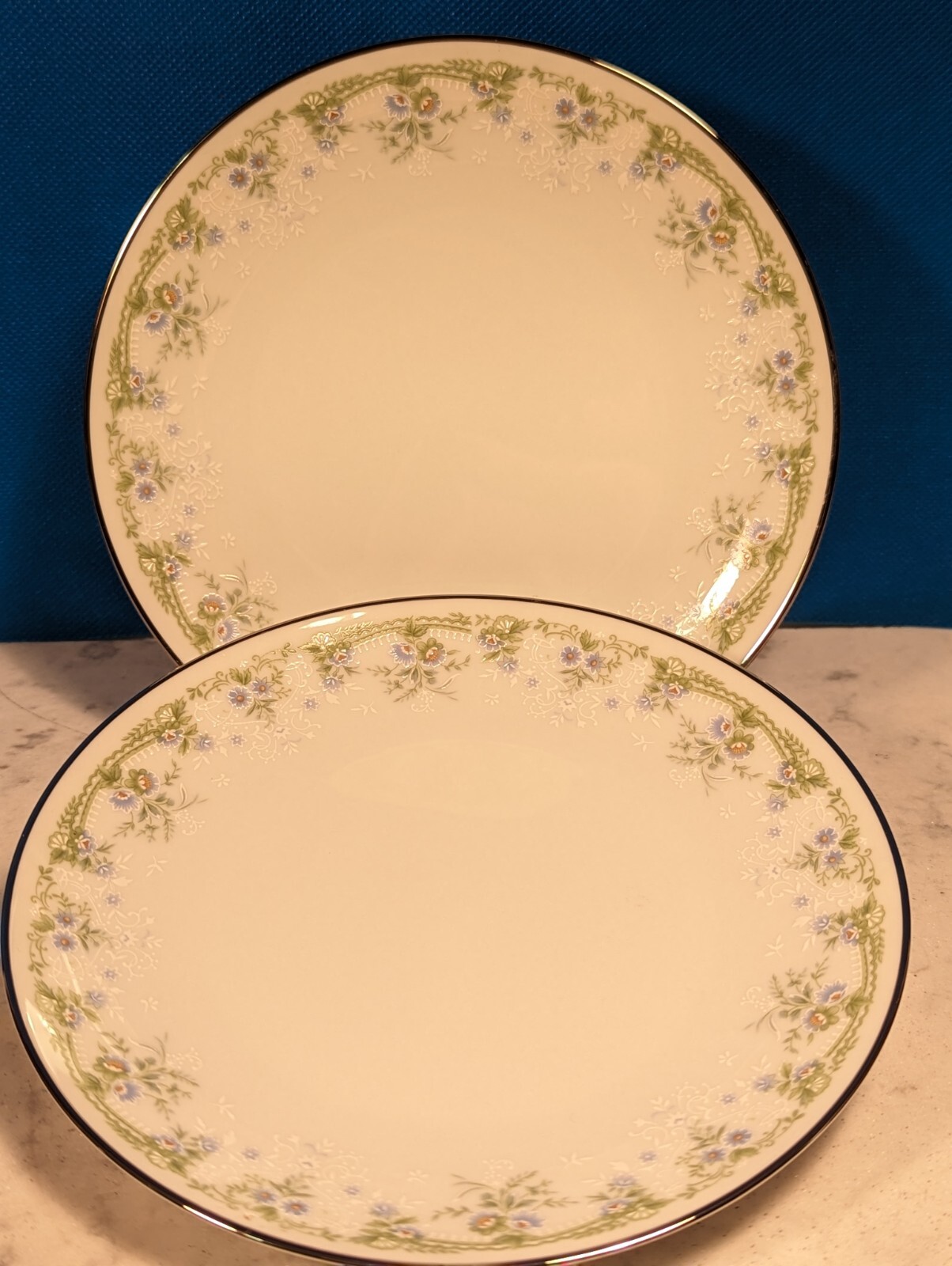 2 Bread Plates Noritake Fine Bone China Blue Green Floral Silver Trim Dee #2212