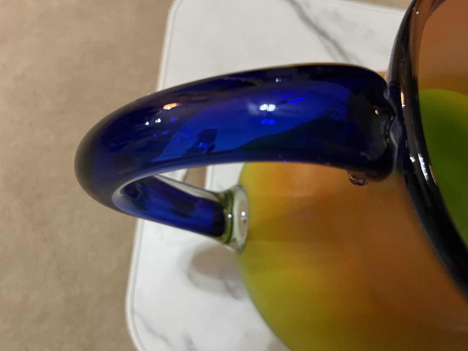 Hand Blown Orange Yellow Green Cobalt Blue trim 6 Tumblers & Pitcher