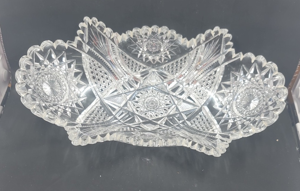 Antique American Brilliant Cut Glass Bowl Hobstar Sawtooth Crystal Centerpiece