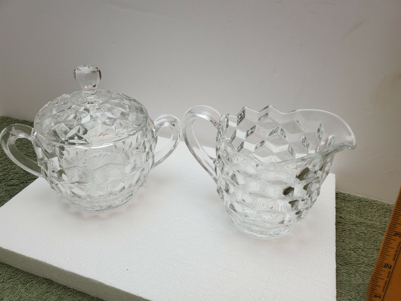 Vintage Fostoria American Clear Glass Cream and Sugar Set with Lid Exc. Cond.