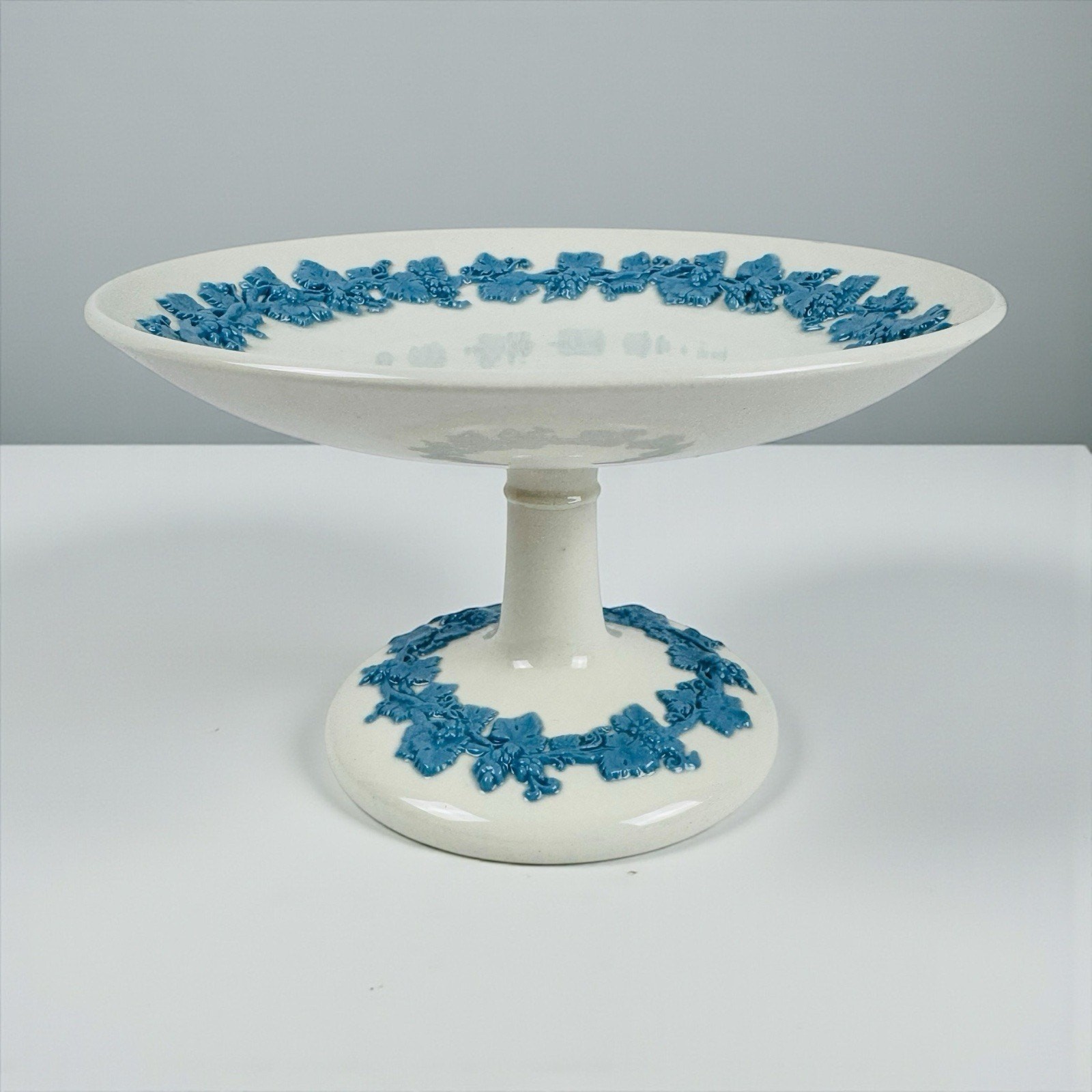 Wedgwood Embossed Queens Ware Blue Grapevine Compote Pedestal Dish 6.25” England