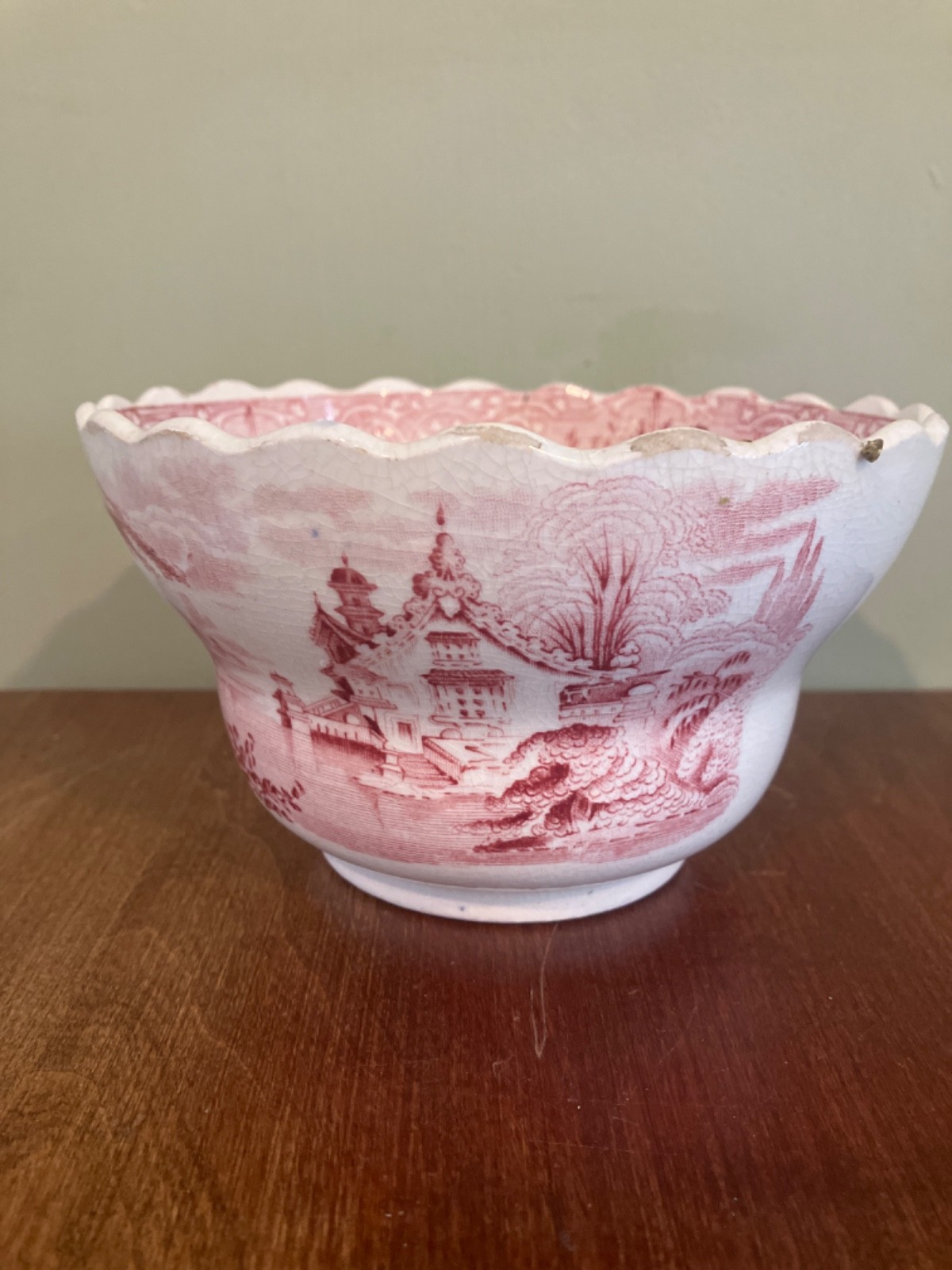 antique John Mayer & red transfer Roselle bowl 3 1/2 inches high