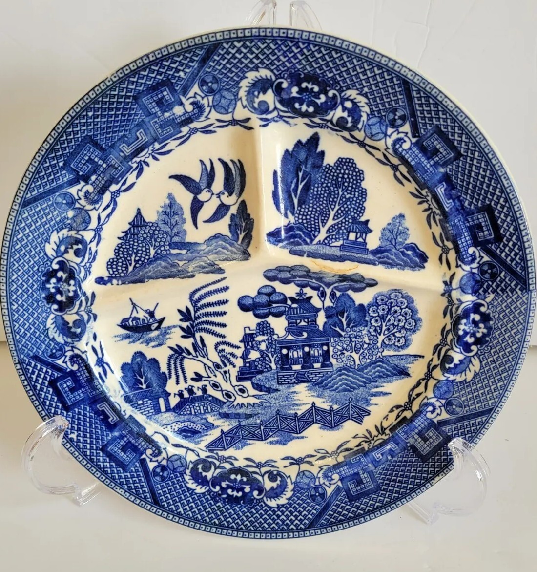 Set of 3 Blue Willow Divided Grill Plates made Japan **RARE STAMP**