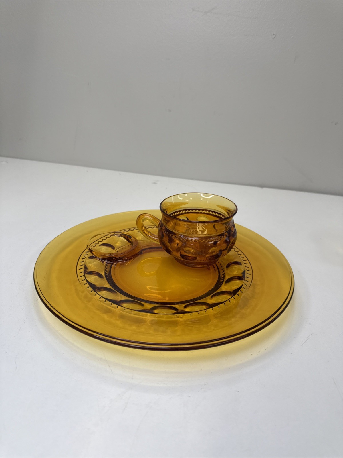 VTG 12pc Kings Crown Thumbprint Indiana Amber Glass Dinner Set Glasses & Plates