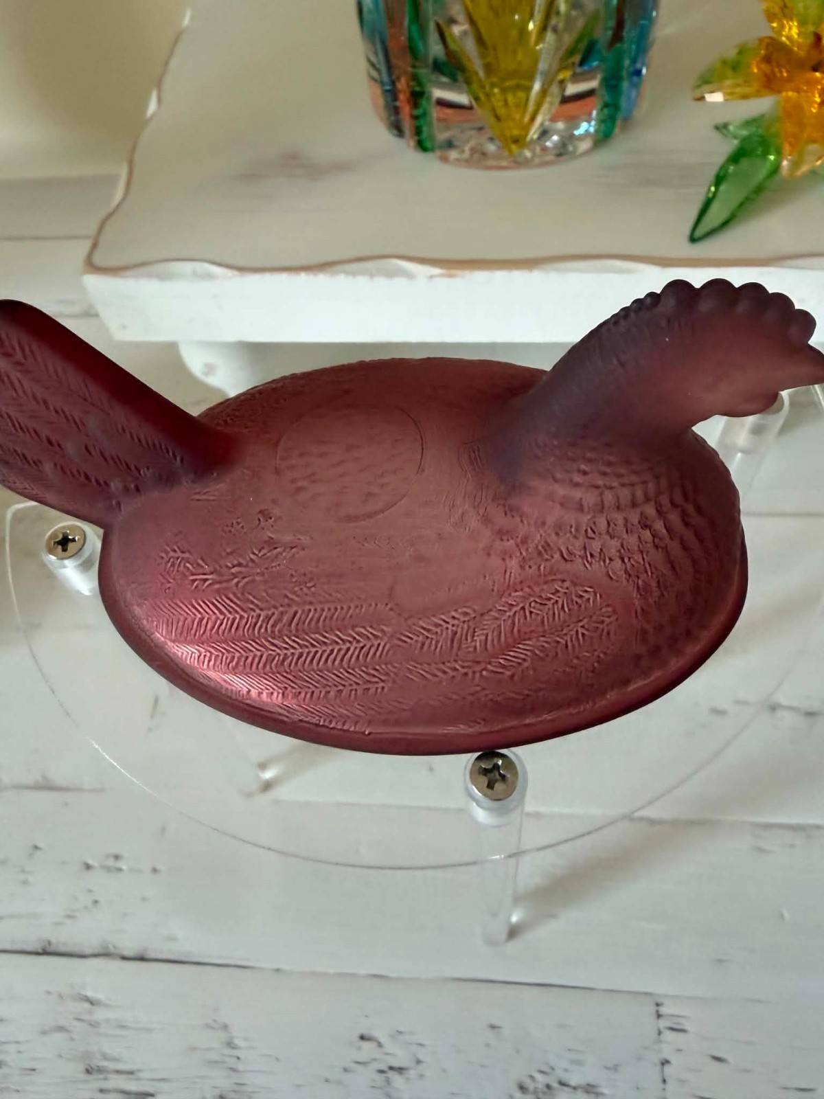 Burgandy Glass Hen on a Nest HON Covered Dish Satin Matte Pressed Glass Oval 5”