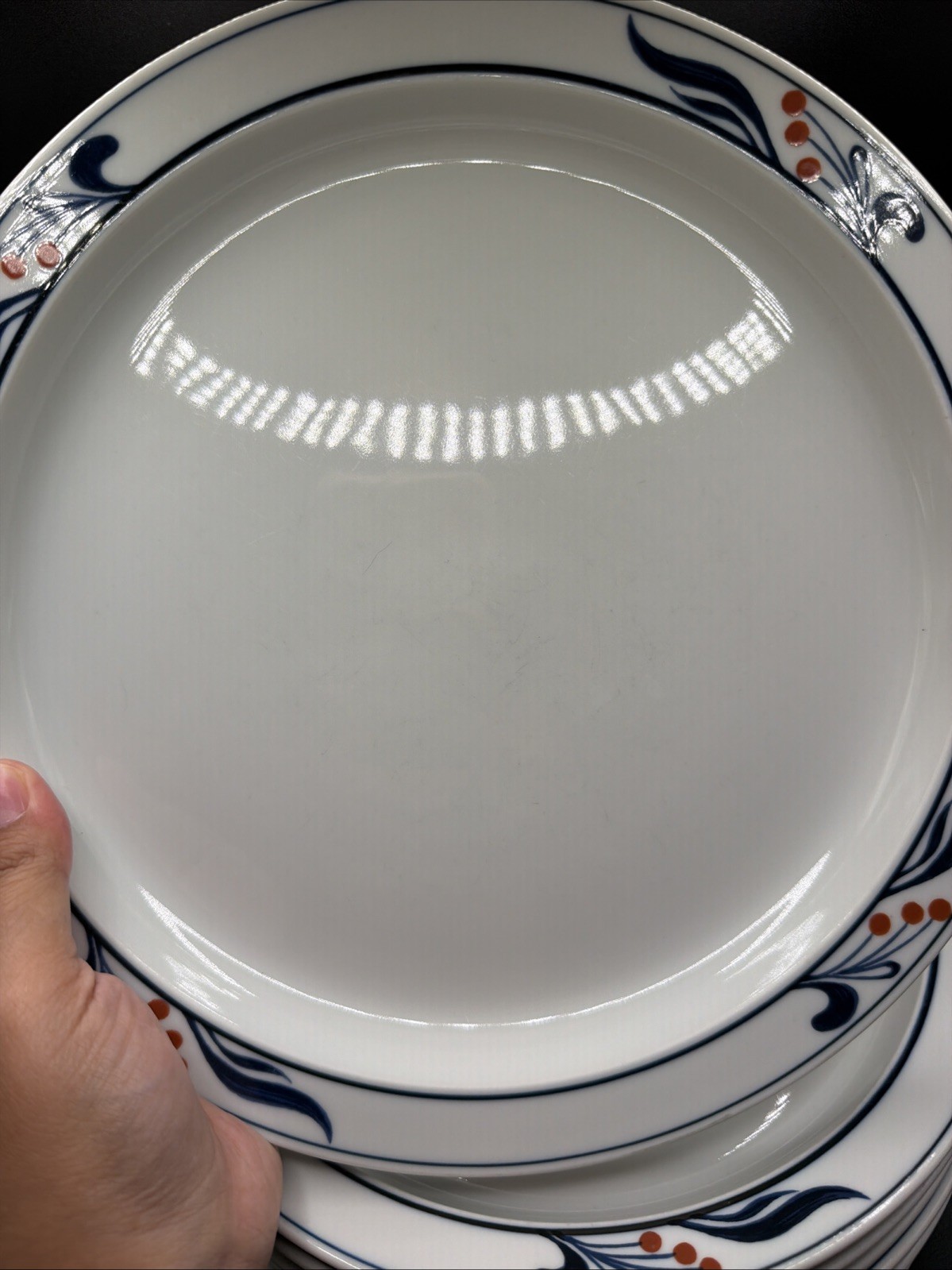 8 Dansk Bistro Maribo 10 3/8″ Dinner Plates Japan DANMAR Red Berries on Rim Blue