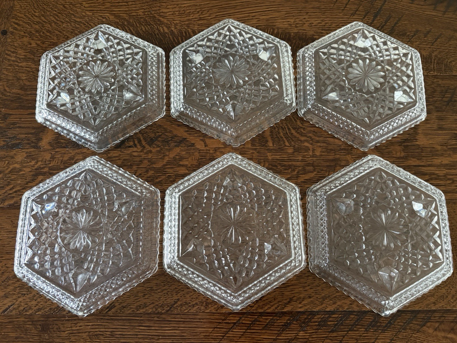 6 Anchor Hocking Wexford Hexagonal Shaped Dishes Plates Footed 7.5”