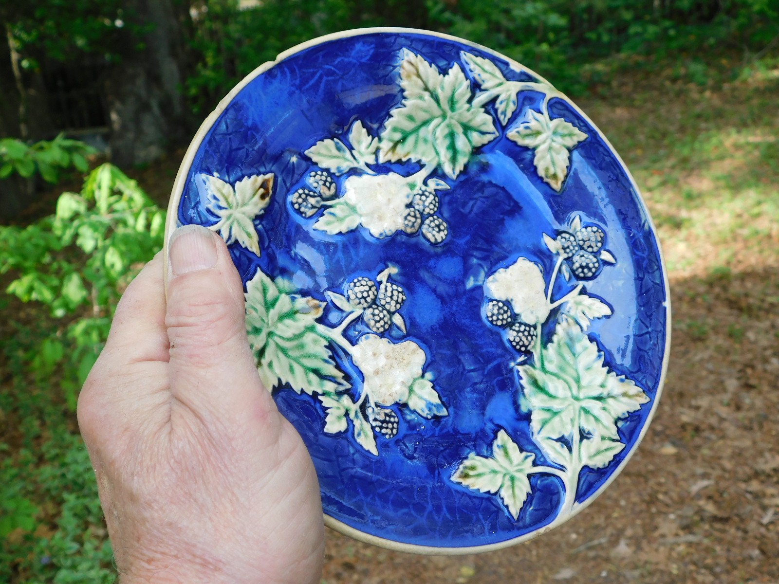 7.75″ Antique Majolica Plate Leaves Cobalt Blue Green Raspberry Leaves