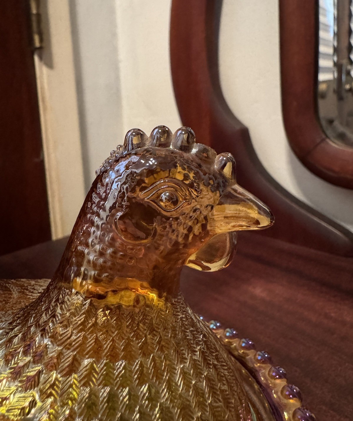Vintage Indiana Glass Hen on Nest Iridescent Golden Amber Carnival Glass 7” READ