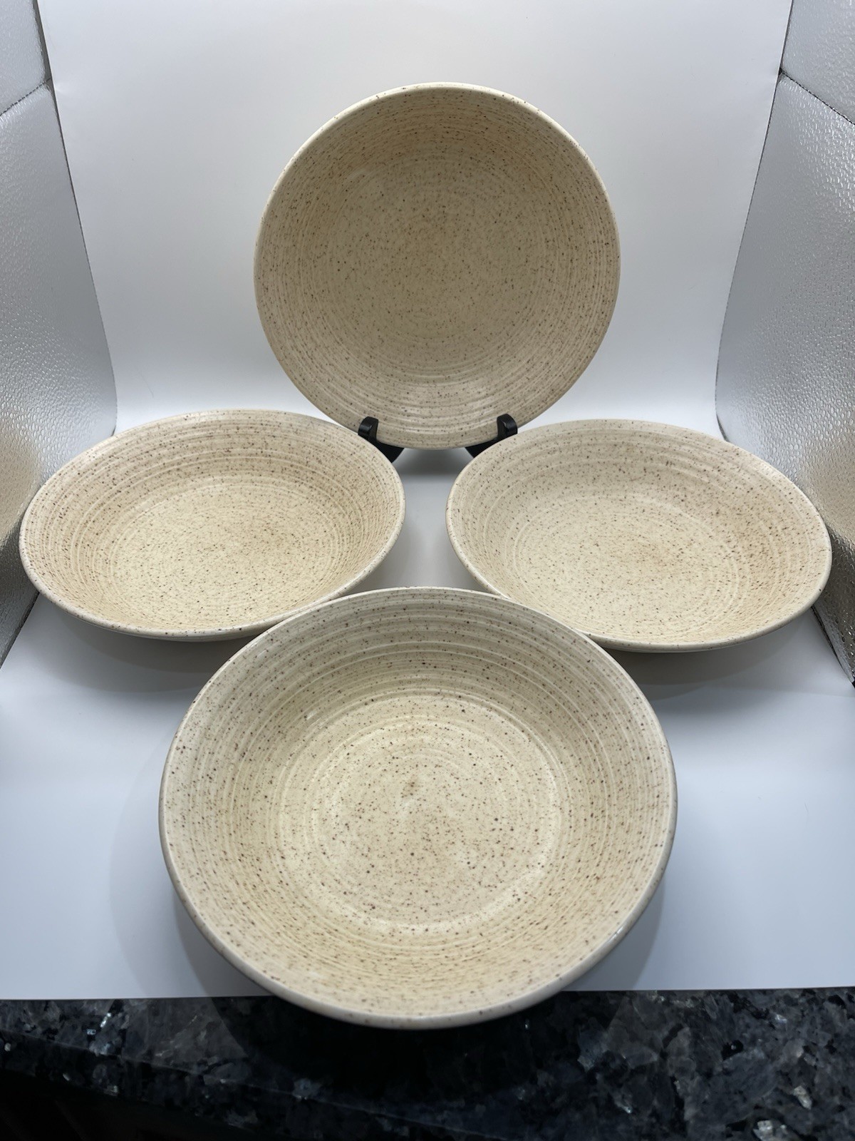 Set Of 4 Homespun Churchill Stonecast Range Cream Speckled Bowls England 7.25”