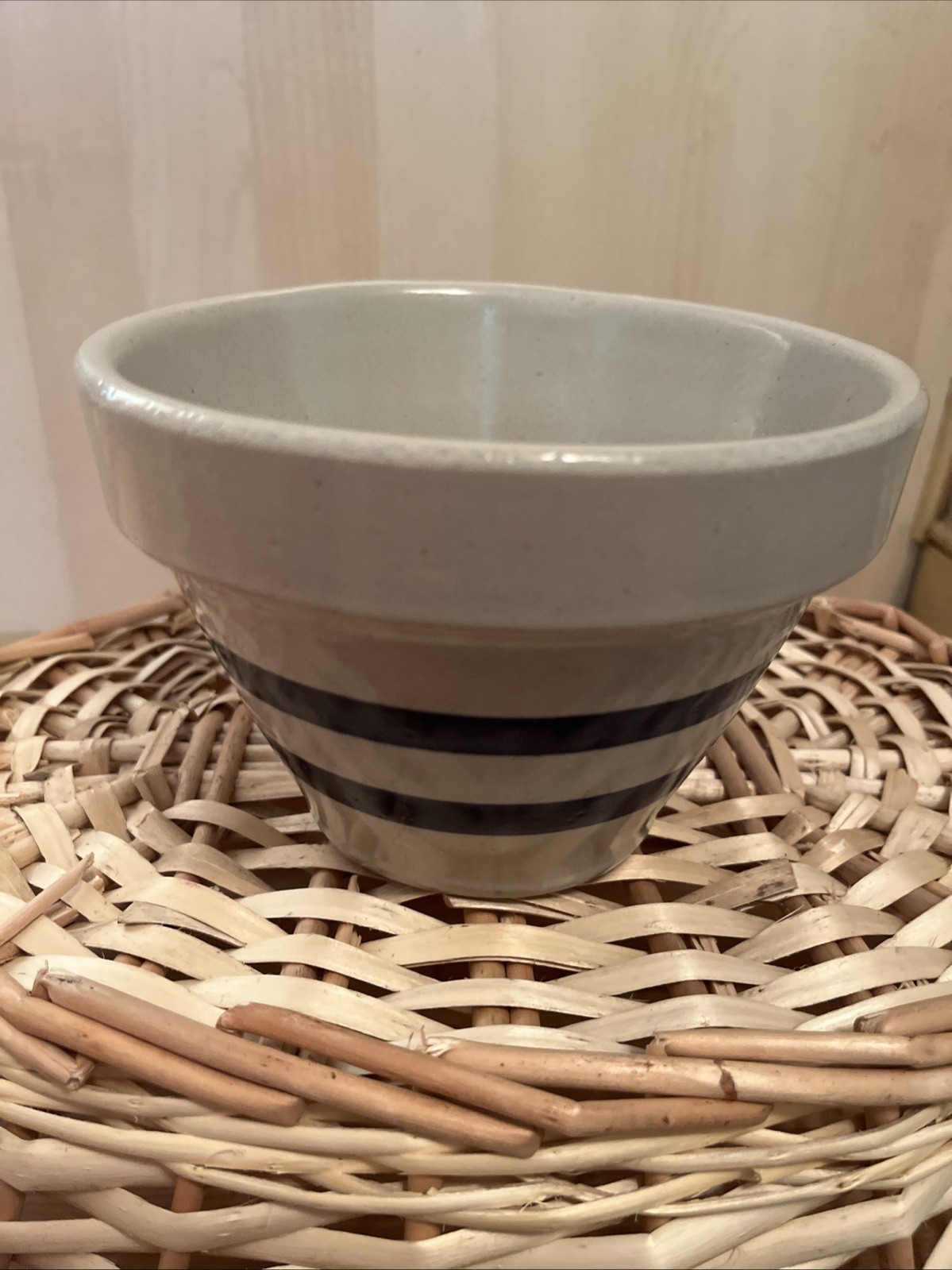 Vintage RRP Co Mixing 6” BOWL Roseville Ohio USA Blue Stripe Stoneware Pottery