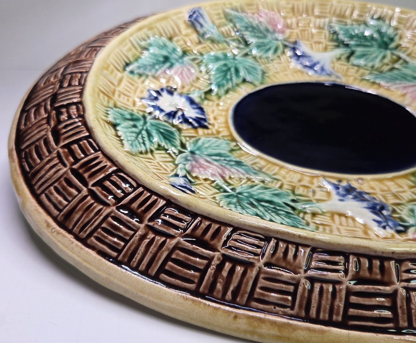 Antique Oval Majolica Basket Weave Footed Platter Floral Bread Bowl Cobalt 12¾”