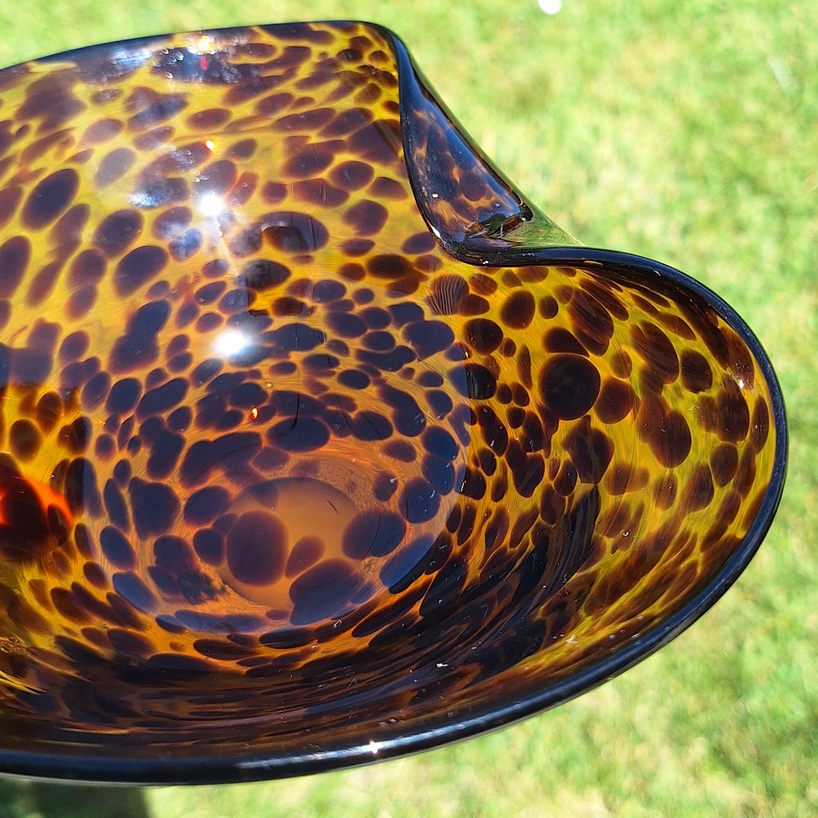 Art Glass Bowl Heart Tortoise Shell Amber Brown Marbled Leapard Design