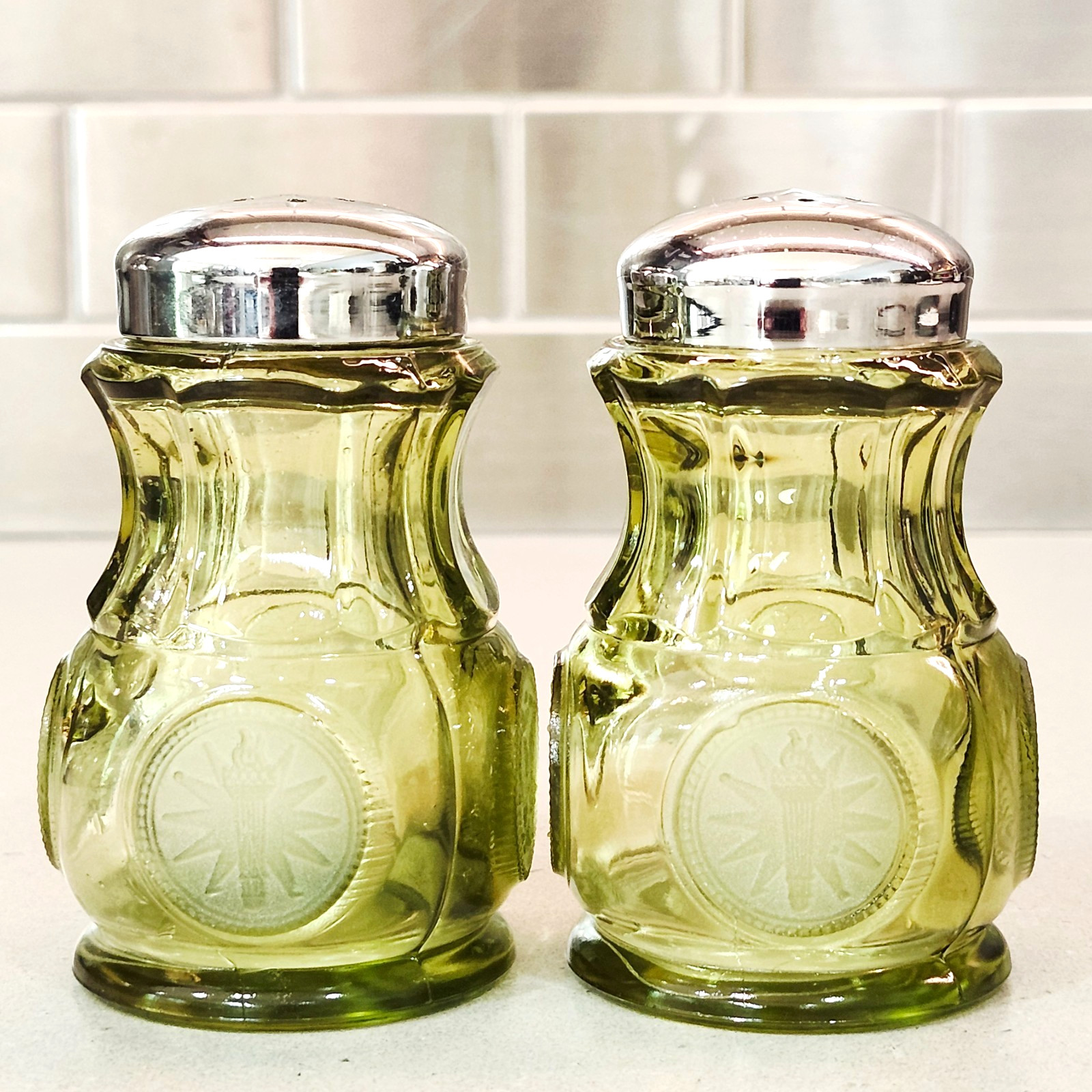 Vintage Fostoria Olive Green Glass Coin 3” Tall Salt & Pepper Shakers