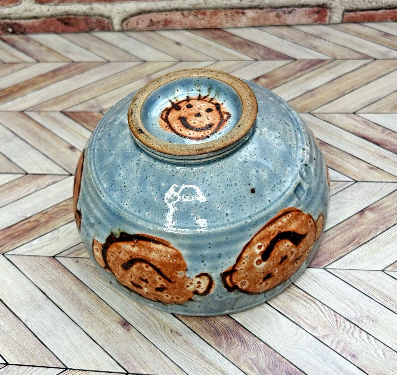 Pottery Bowl Faces Footed Artisan Handmade 6” Diameter 3.5″ Tall Blue Whimsical