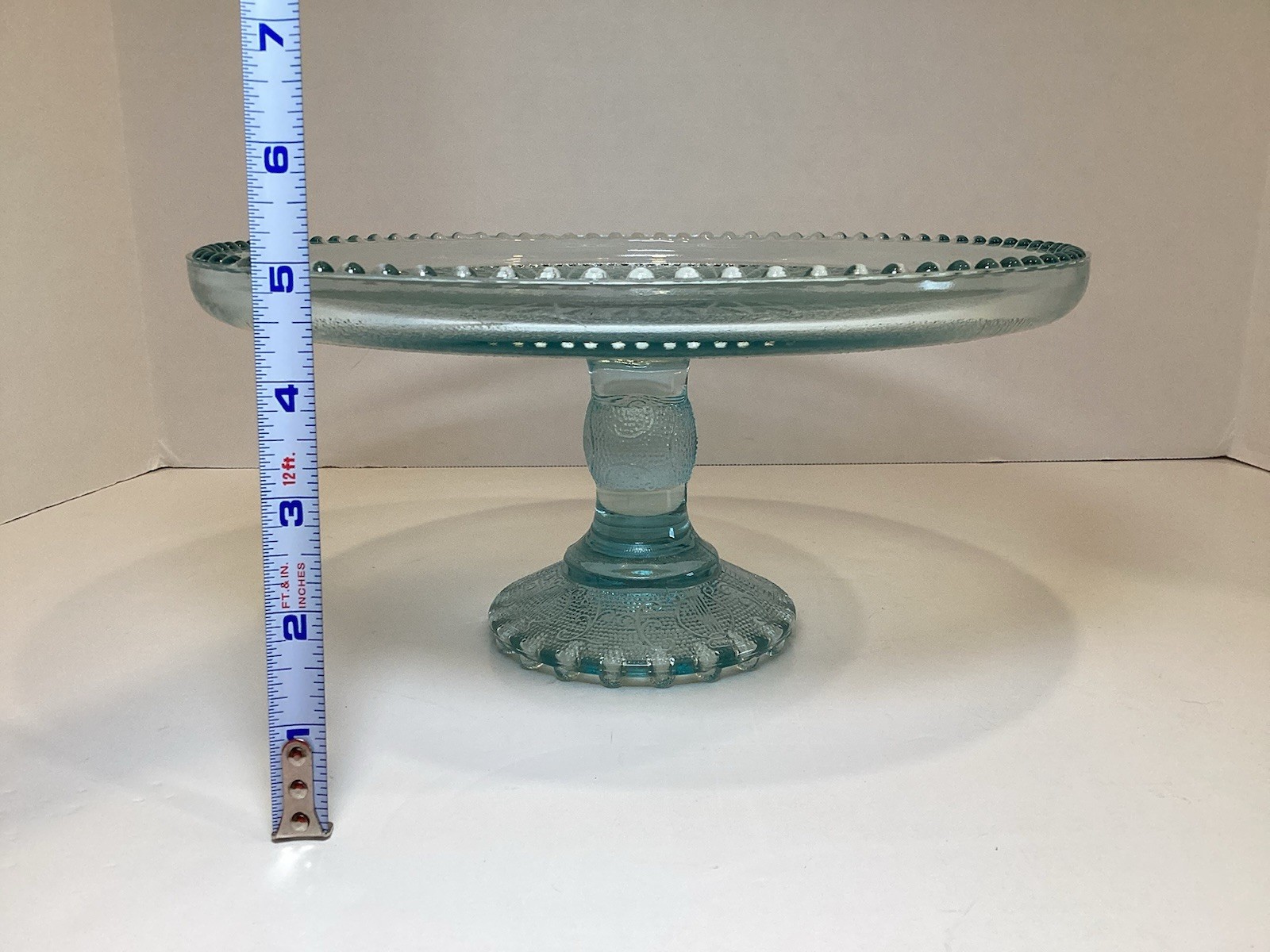 Jeannette Ice Blue Glass Harp Beaded Edge Pedestal Cake Stand 10” **READ**