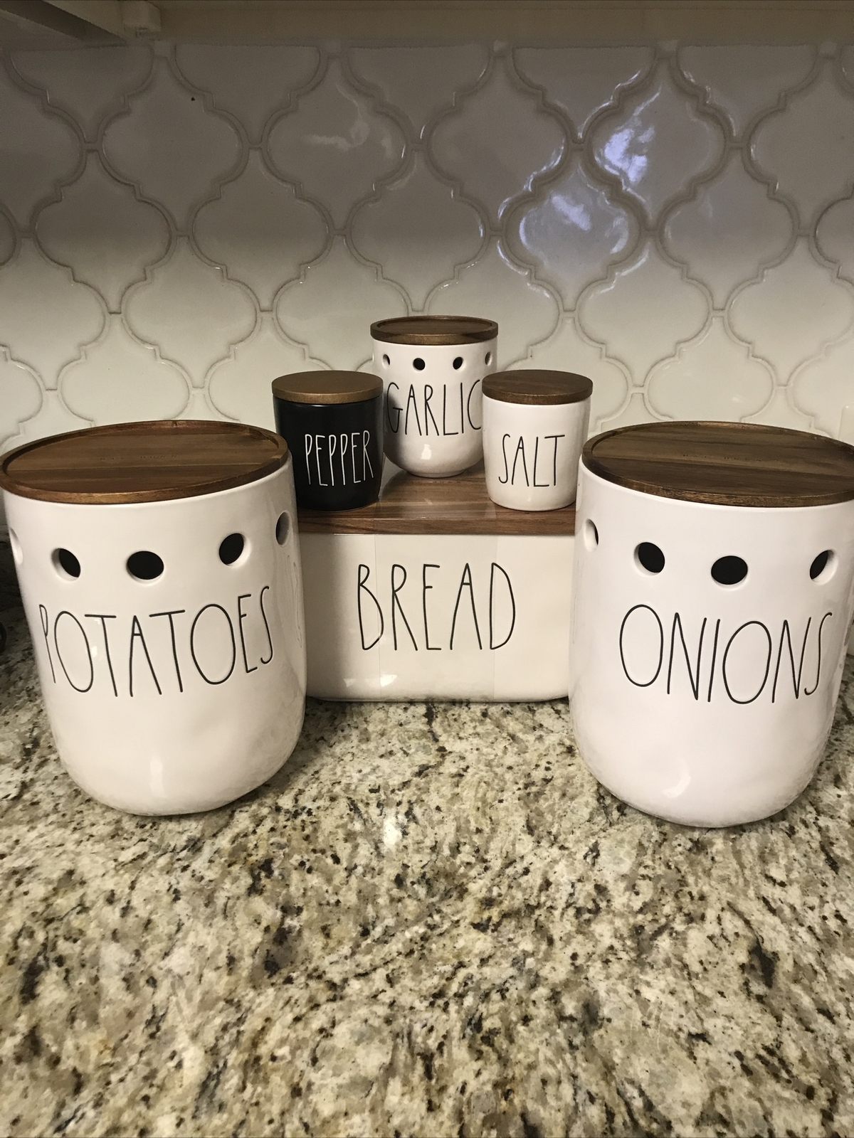 New RAE DUNN LL “POTATOES” “ONIONS”, “BREAD”, “SALT PEPPER”, “GARLIC” set of 6
