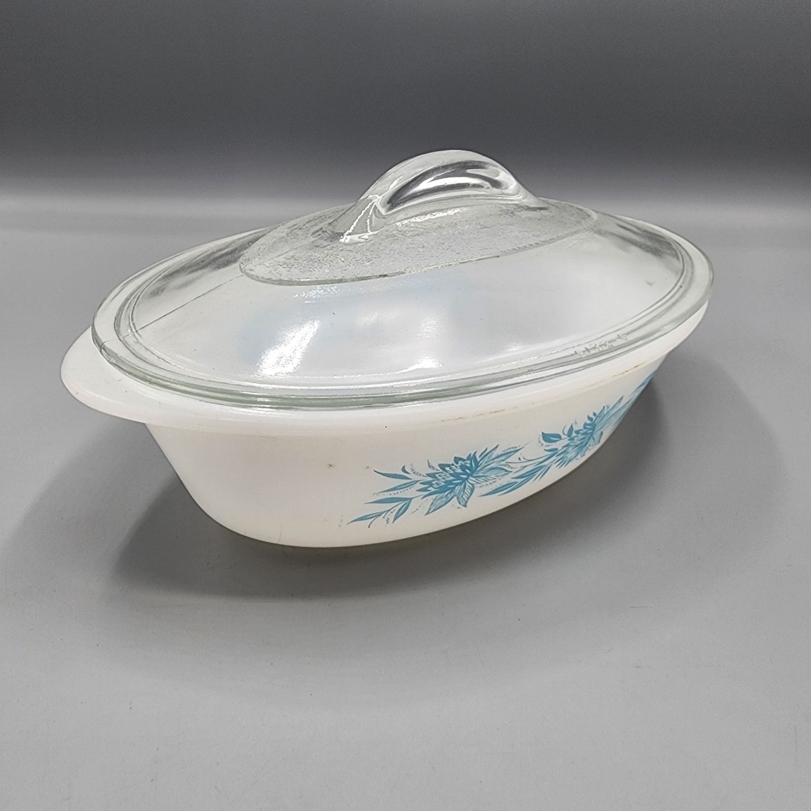 Vintage Made in USA Glasbake J-235 Divided Vegetable w/ Floral Pattern + LID