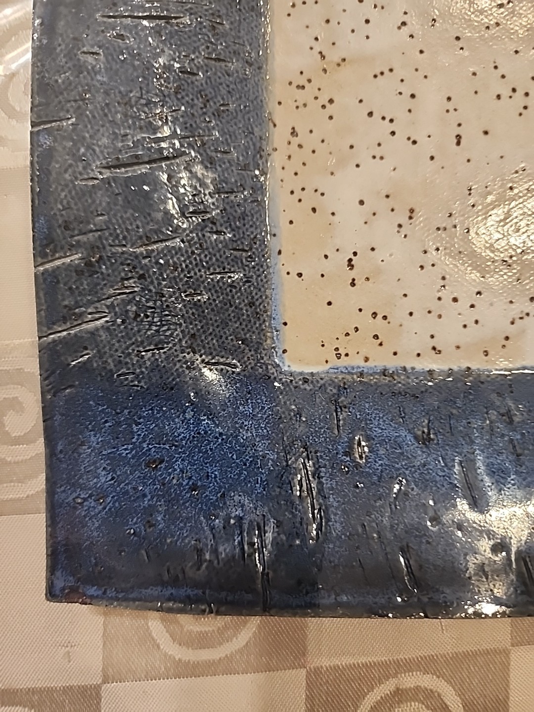 2 Studio Pottery Square Plates Hand Thrown Blue Tan Clay Stamped/Signed 9”, 5.6″
