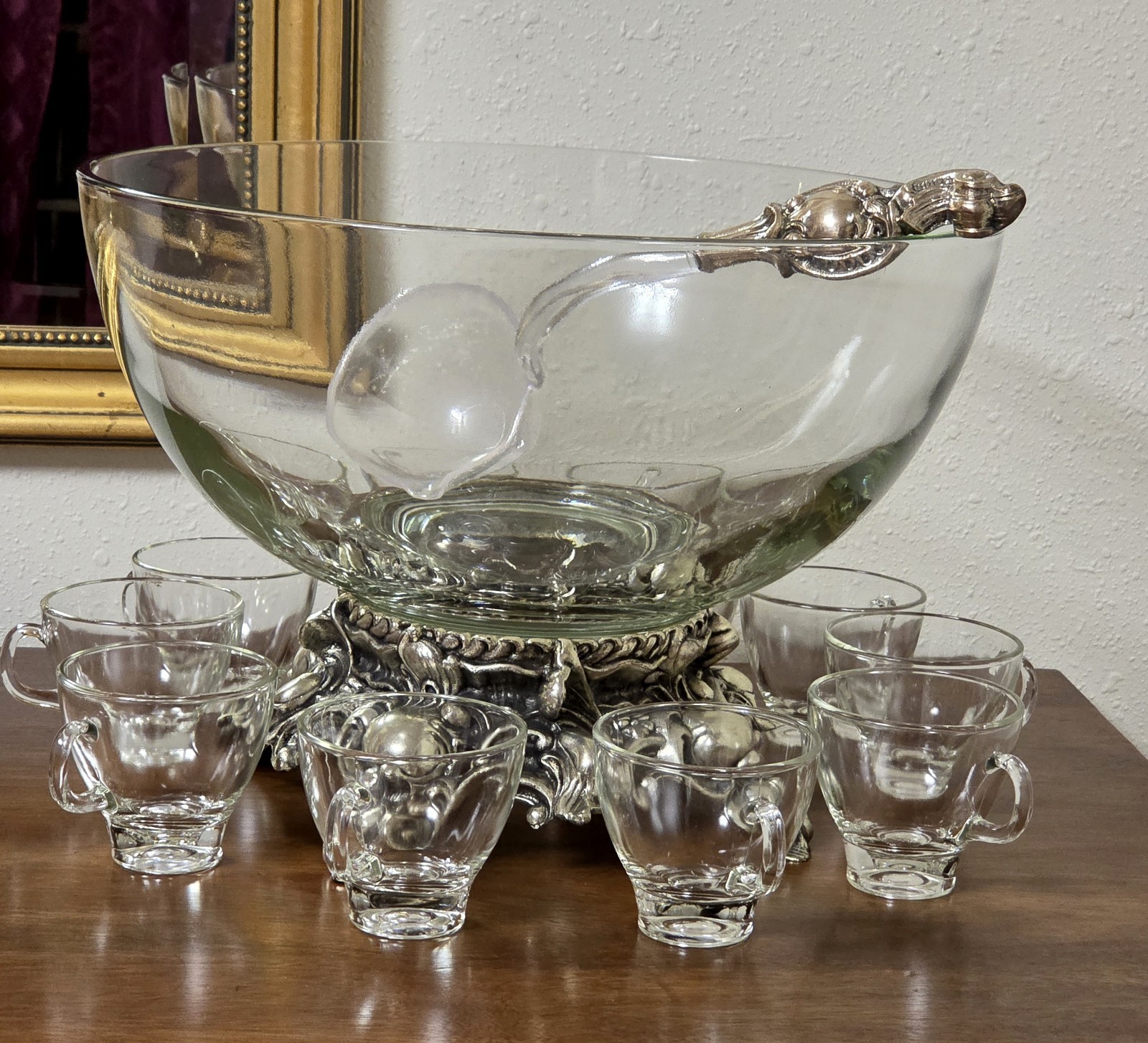 MCM Pitman-Dreitzer Crystal Punch Bowl Set 10 Cups Ornate Metal Stand Ladle Rare