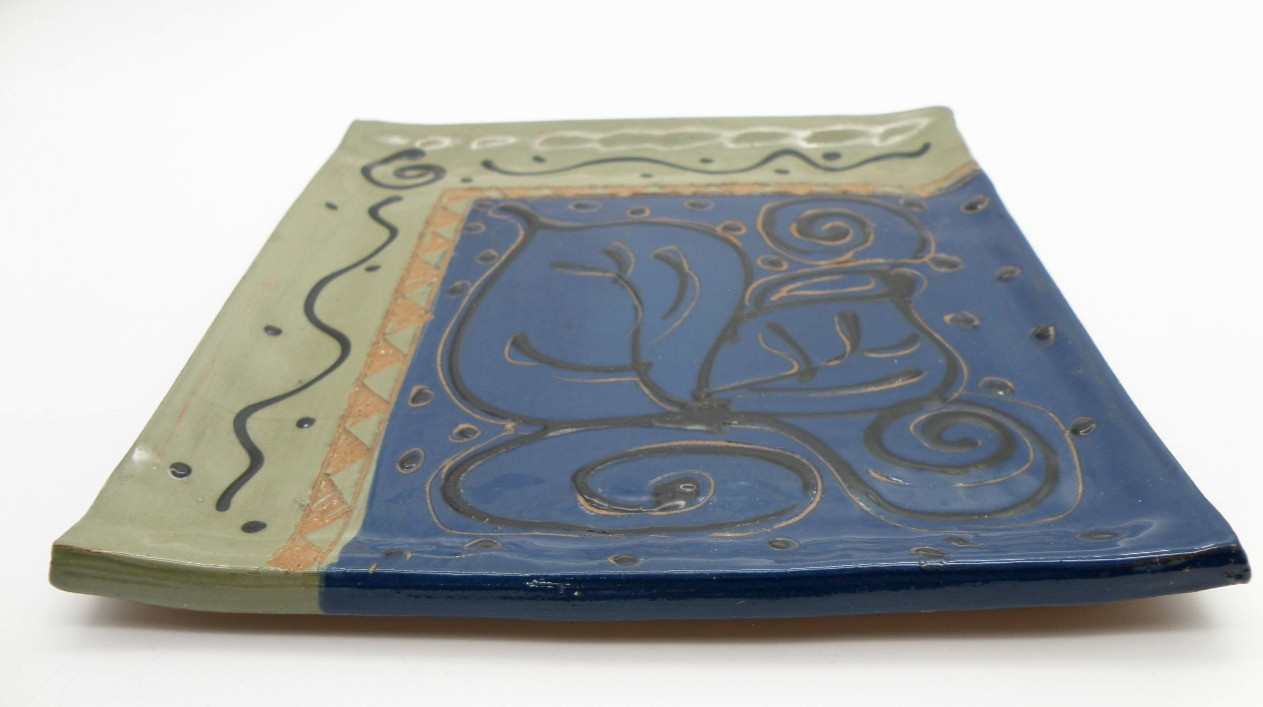 Vtg Susan Gerr Pottery Plate Handmade Signed Abstract Blue & Tan Unique